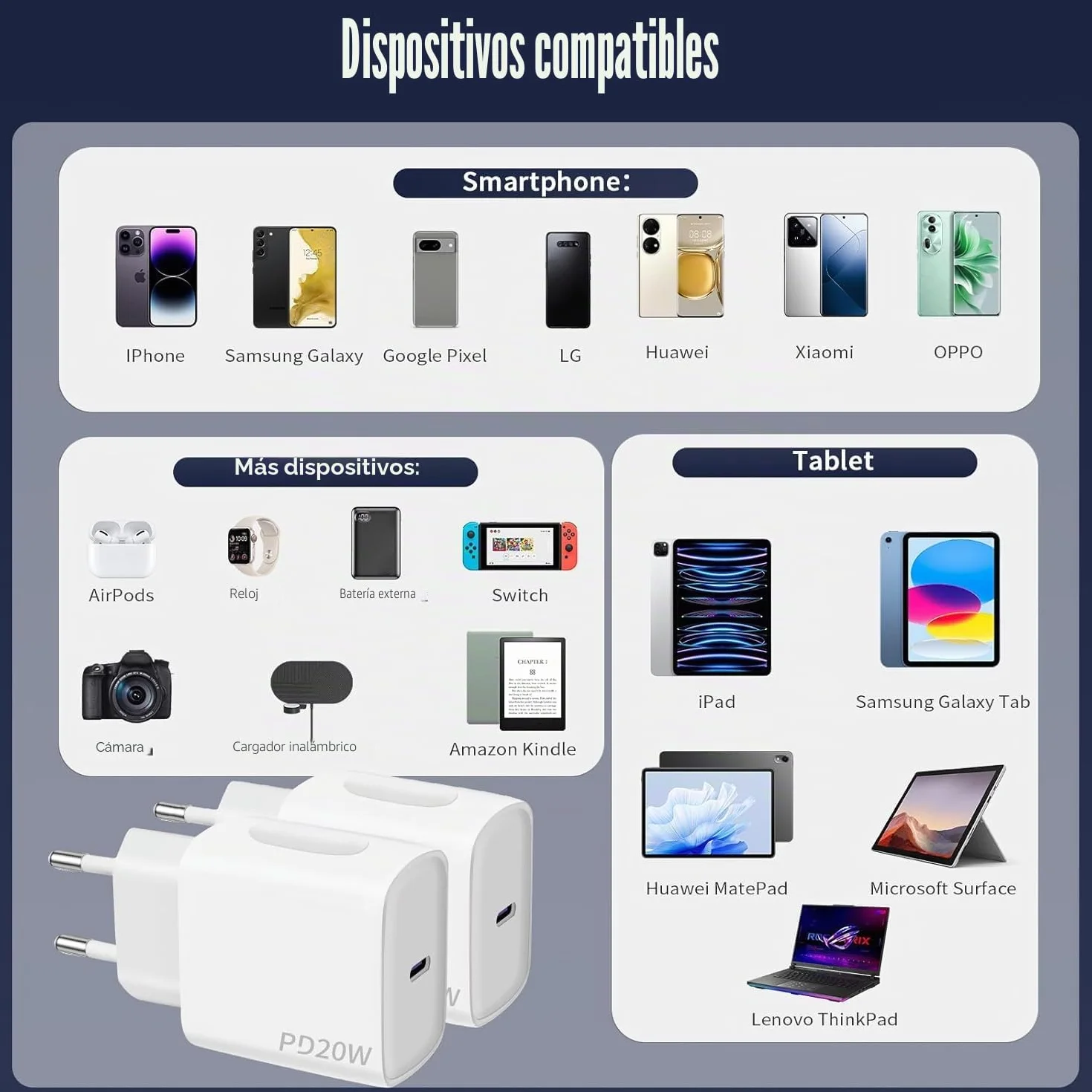 Cargador USB C 20 W 2 Paquetes Enchufe USB C Rápido Cable USBC 2x2m para iPhone 16 15 Pro MAX Samsung Galaxy iPad Huawei Xiaomi