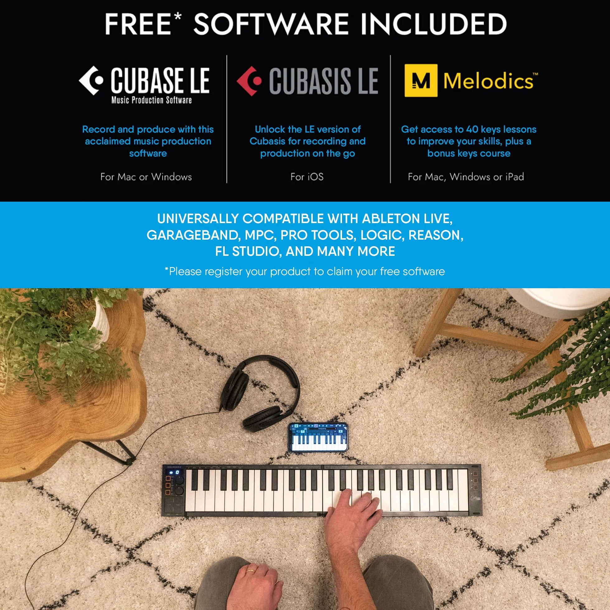 Carry-on FC-49 Teclado Controlador USB Midi/Midi Over Bluetooth Construido con Arpegiador, Pad X/Y, Incluye Cubase LE OEM y Cubase LE OEM IOS DAW Music Software