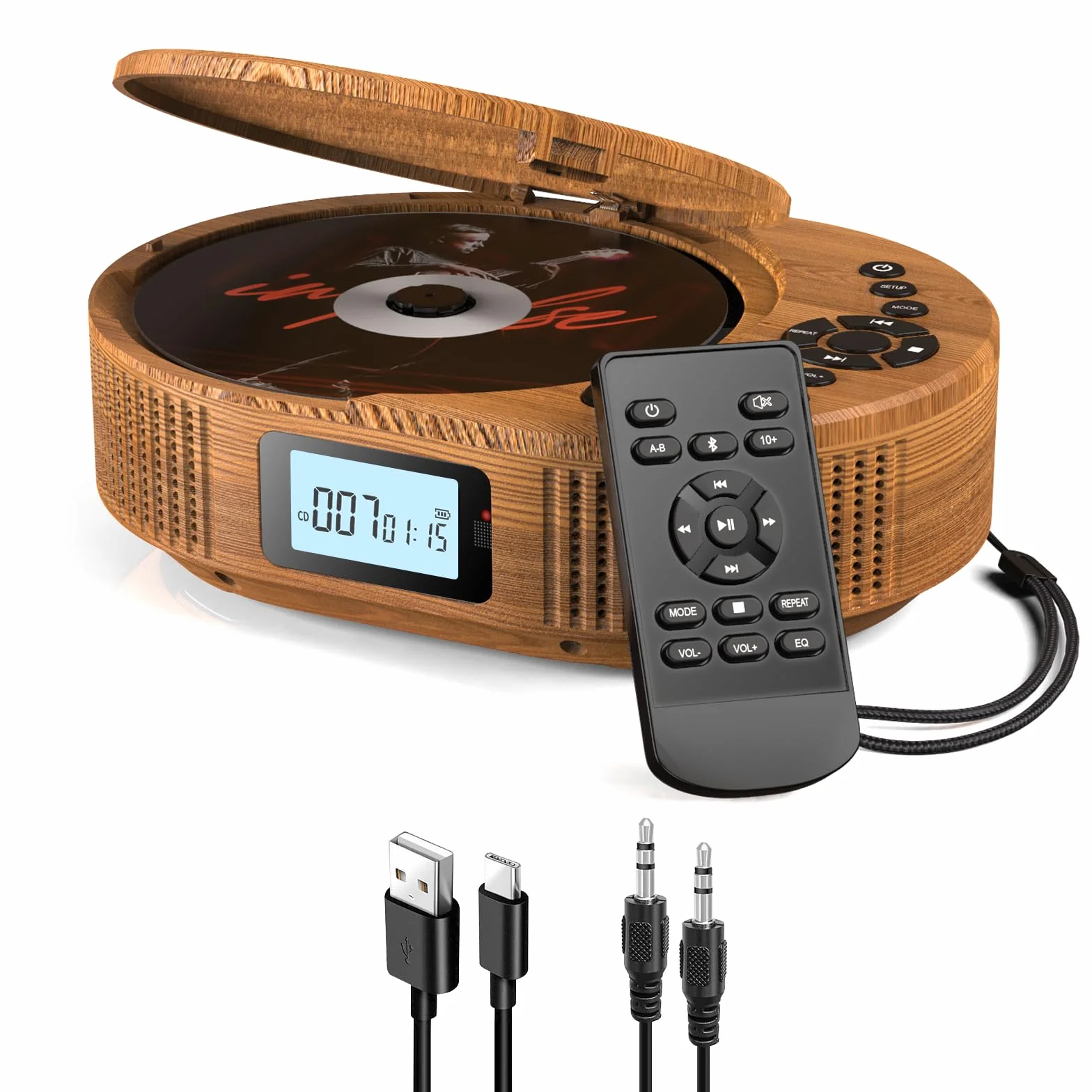 Reproductor de CD portátil, Reproductor de CD Boombox Mejorado y Altavoz Bluetooth 2 en 1, Portátil Recargable para Coche/hogar con Control Remoto, Radio FM, Soporte AUX/USB