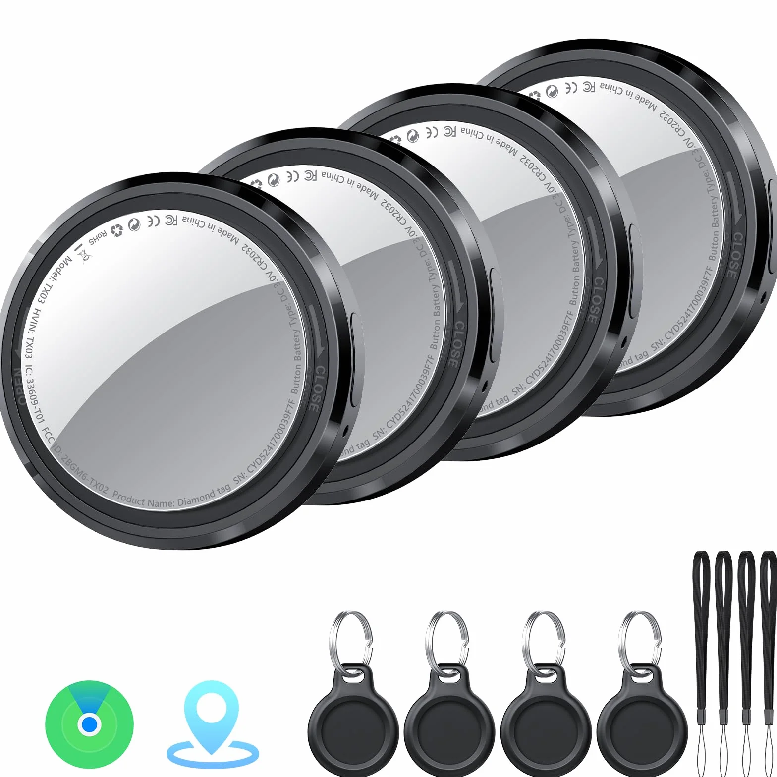 Smart Air Tracker Tag 4 Pack, Buscador de Objetos Bluetooth Funciona con Buscar Apple (sólo iOS), Localizador Bluetooth, Rastreador para Llaves, Cartera, Equipaje, Mochila, Batería Reemplazable, Negro