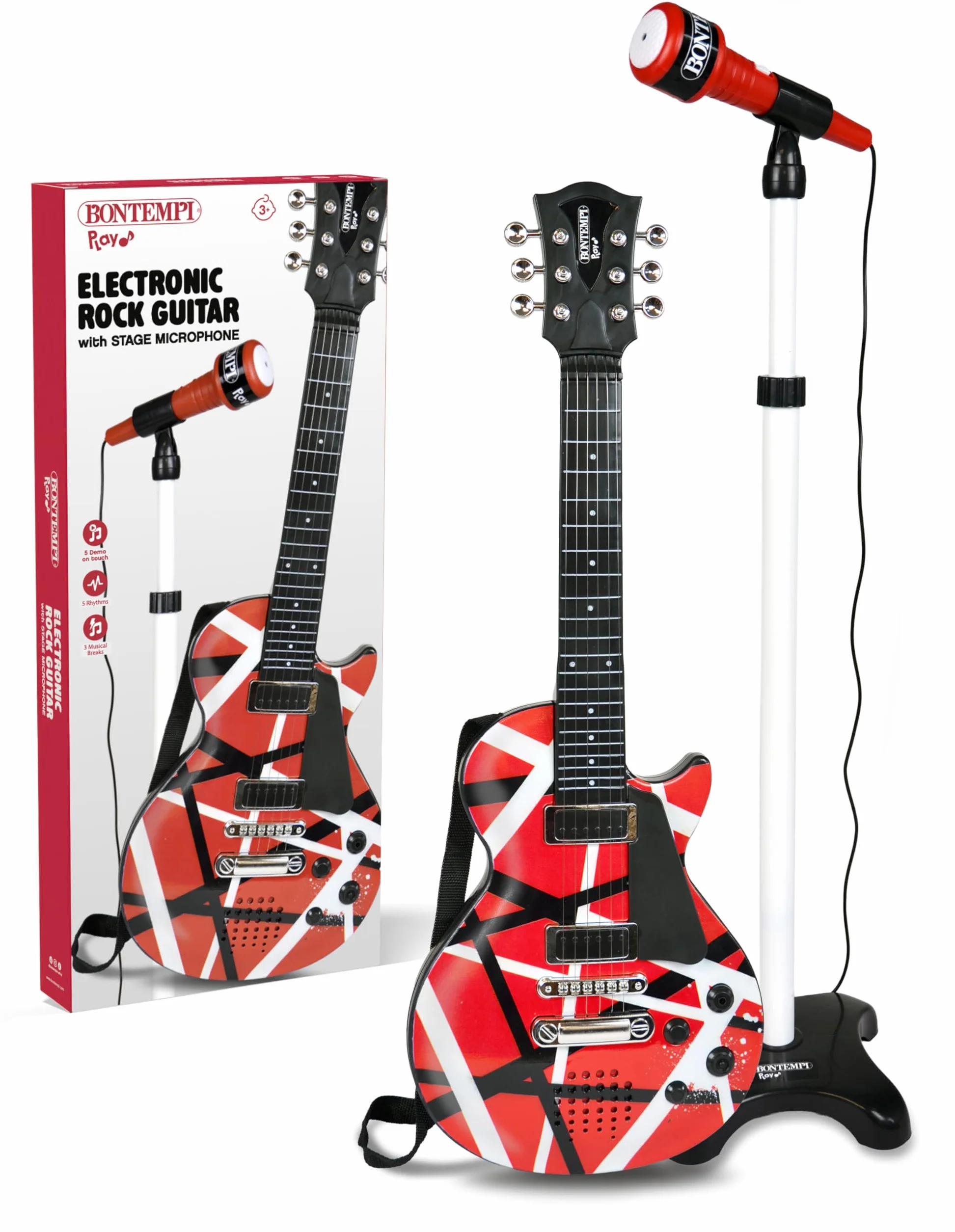 BONTEMPI - Guitarra Rock con Micrófono de Escenario Soporte Ajustable 6 Cuerdas de Metal 5 Demos Rock 5 Ritmos Alimentación 2 Pilas AA