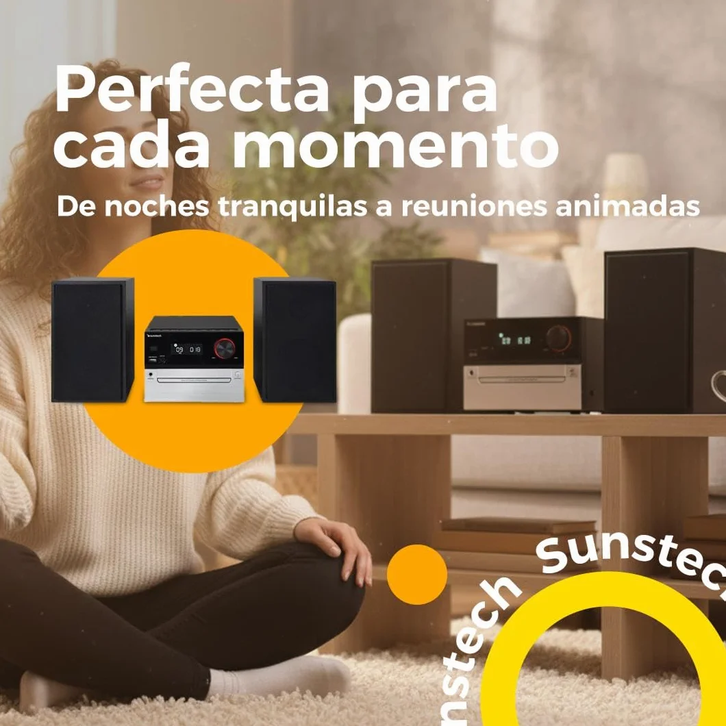 Sunstech Sistema Hi-Fi con conexión inalámbrica 5.3 + EDR | Microcadena con 30 W de Potencia, Reproductor CD/CD-R/MP3, Radio FM con 40 presintonías, Puerto USB y Entrada AUX-IN 3.5 mm