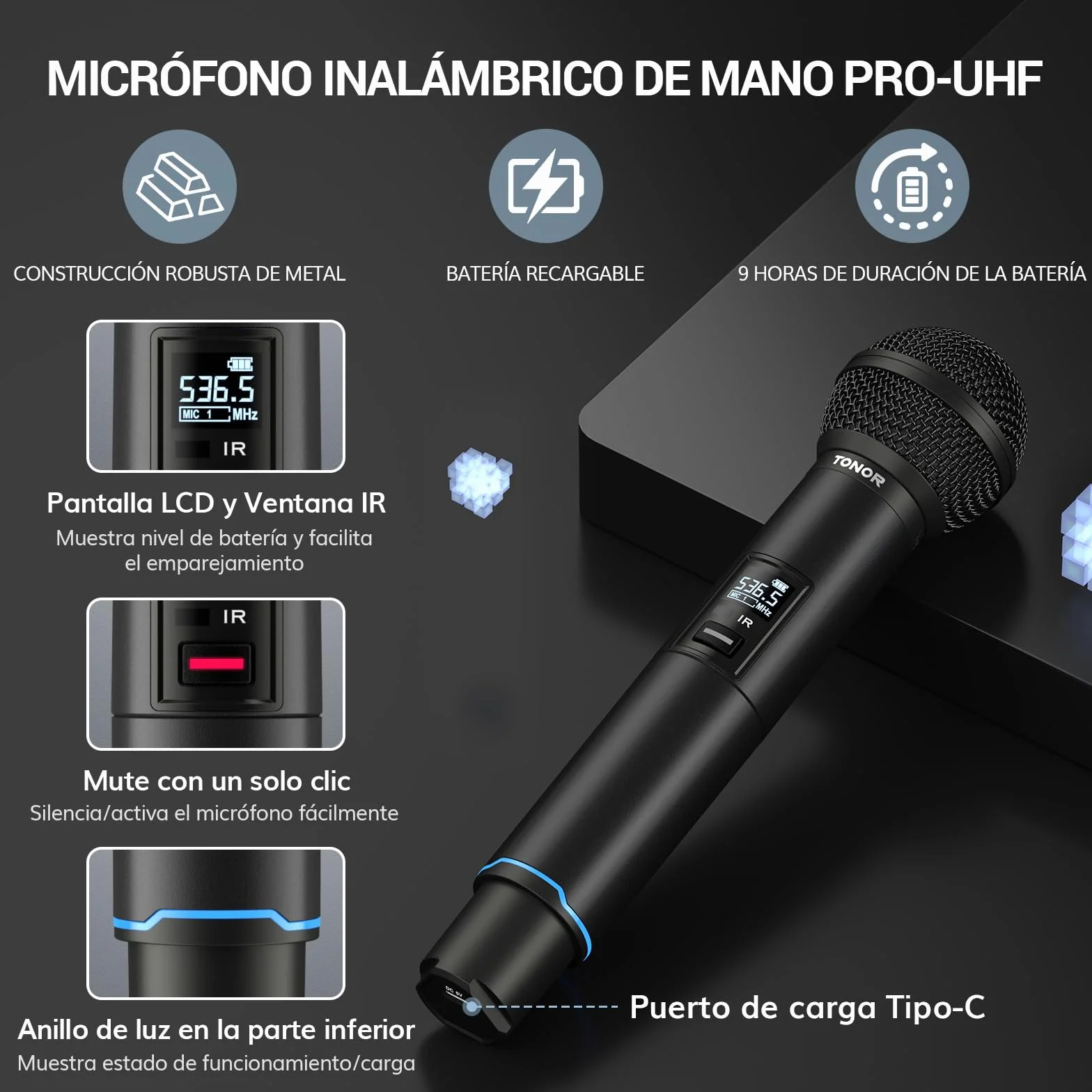 TONOR Micrófono Inalámbrico Profesional, Recargable Wireless Microphone Dinámico de Mano, Sistema de 2×100 Frecuencias UHF Ajustable para Karaoke/Fiestas/DJ/Iglesias, Escaneo Automático, 100M, TW750