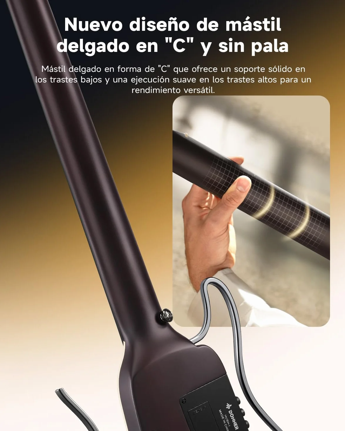 Donner HUSH I EVO2 Guitarra Acústica-Eléctrica de Viaje, Ultraligera, sin Clavijero, con Afinador Integrado, Soportes Desmontables y Salida para Auriculares – Sunburst