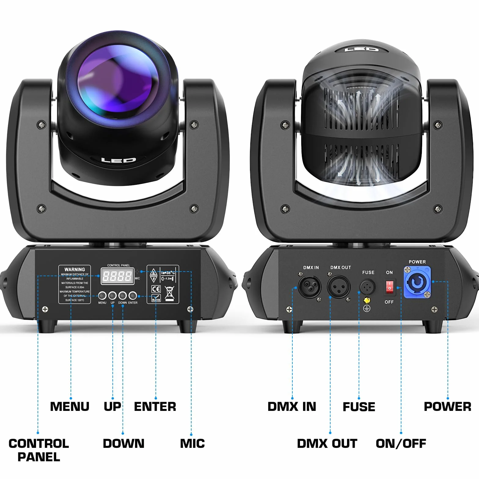 2 unidades 100W cabeza móvil luces LED para DJ, luces de fiesta de discoteca con prismas de gobos giratorios activados por sonido para bodas, fiestas, iglesias, bandas, espectáculos, bar