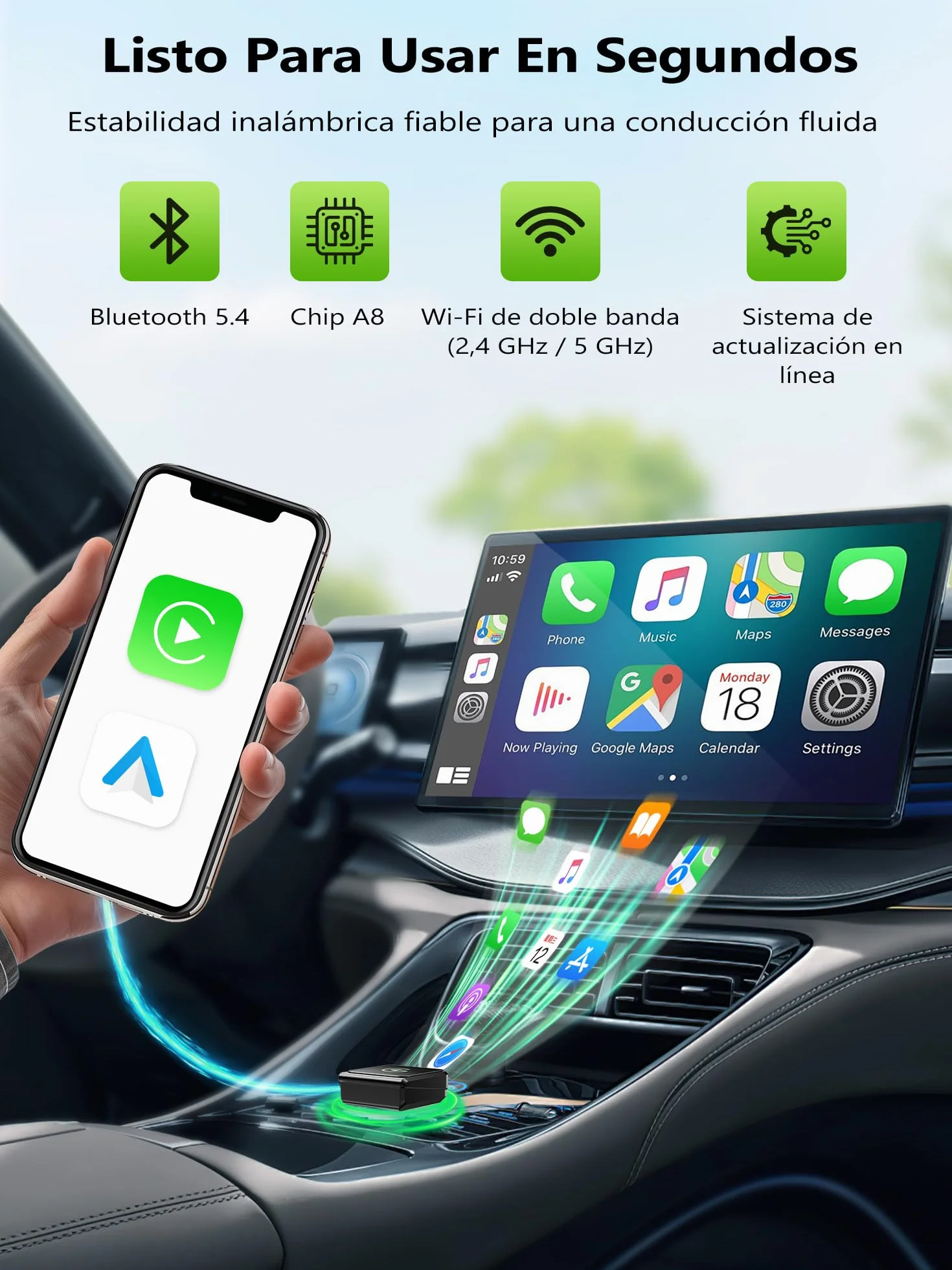 Adaptador CarPlay Inalámbrico Para iPhone:Android Auto Inalámbrico & car play inalambrico - Estable Compatible Con iPhone iOS 10+ Y Smartphones Android, Coches Con CarPlay, Plug and Play, USB A Type C