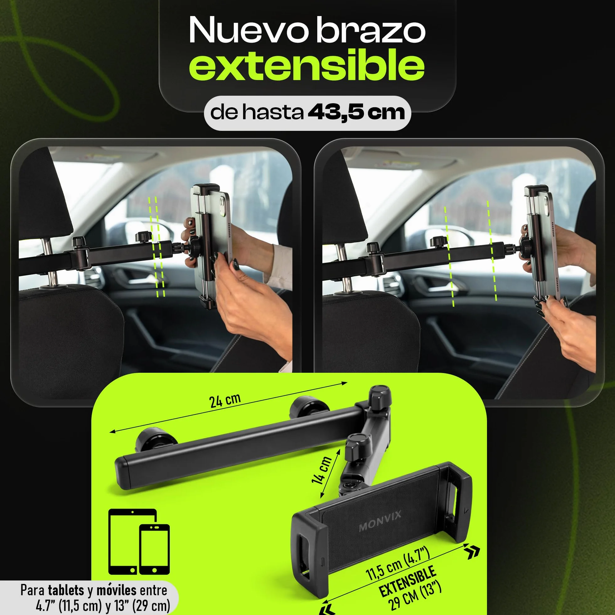 Soporte Tablet Coche Reposacabezas - Soporte iPad para Asiento Trasero - Cable 1,2 m Incluido – Brazo Extensible Antivibración 360º – Compatible 4,7″–13″ (Tablet, iPad, Movil)
