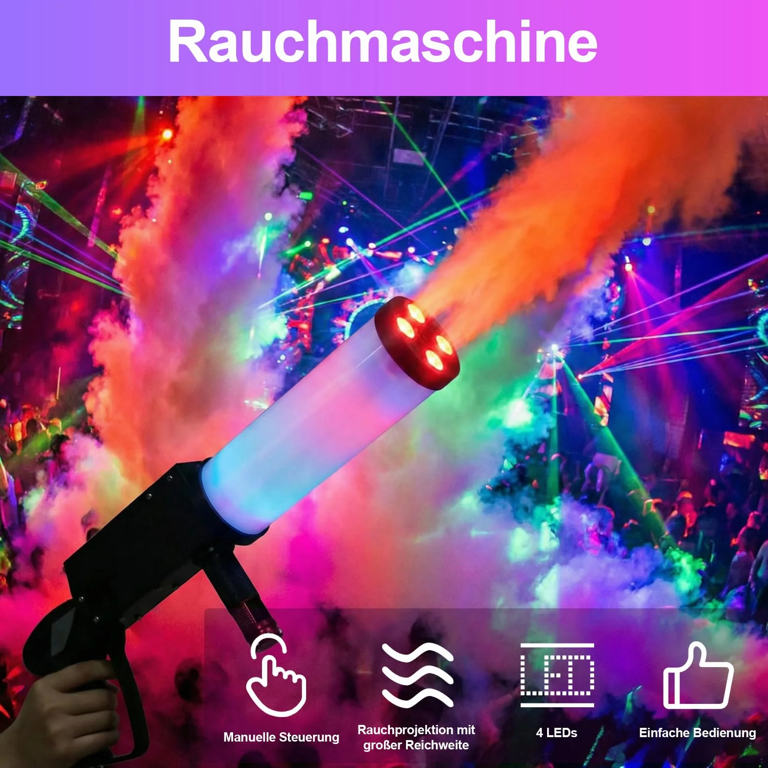 Máquina de Humo CO2 Portátil YUZINO, Pistola de Humo con 4 LED RGB y Tubo de 3 m, Alcance de 6-8 m - Ideal para Bares, DJ, Fiestas, Conciertos, Bodas, Halloween y Navidad - Material para Espectáculos
