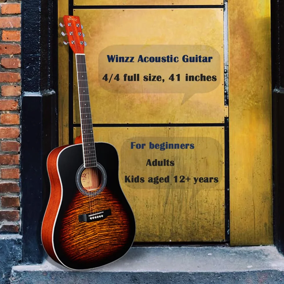 Winzz Guitarra Acústica 4/4 Tamaño Completo Folk Estampada para Principiantes Adultos - Cuerda de Acero Sunburst