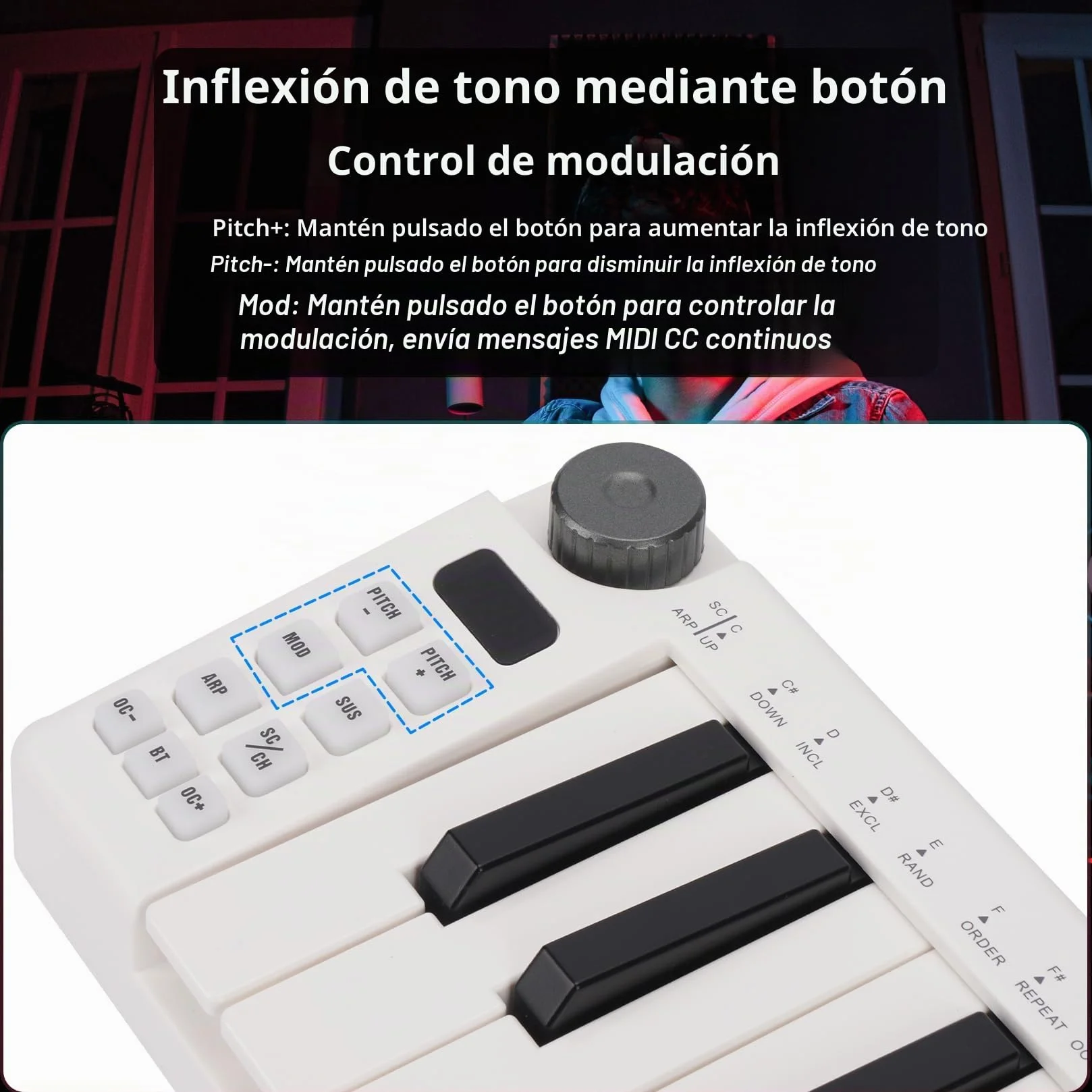 M-VAVE Teclado MIDI de 25 teclas, Mini teclado, creador de ritmos profesional y teclado para producción de música, batería integrada, conexión inalámbrica, color blanco, mini sin