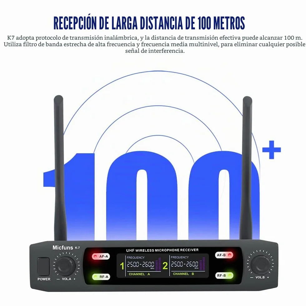 K7 - Juego de micrófono profesional inalámbrico 2 portátiles VHF 230-250 MHz sistema de micrófono 100 m de distancia para karaoke, fiesta, idioma