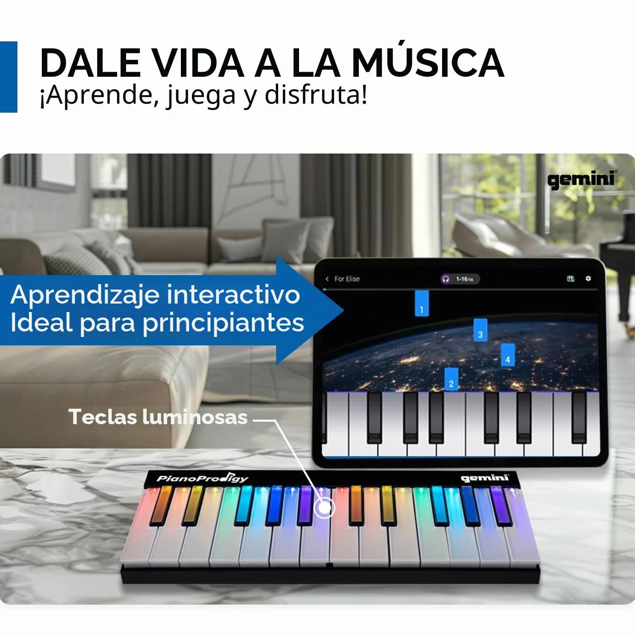 Gemini Sound PianoProdigy Teclado MIDI inalámbrico iluminado de 24 teclas GPP-101, Debe conectarse a un dispositivo iOS/Android para obtener sonido, Ampliable, Bluetooth, portátil