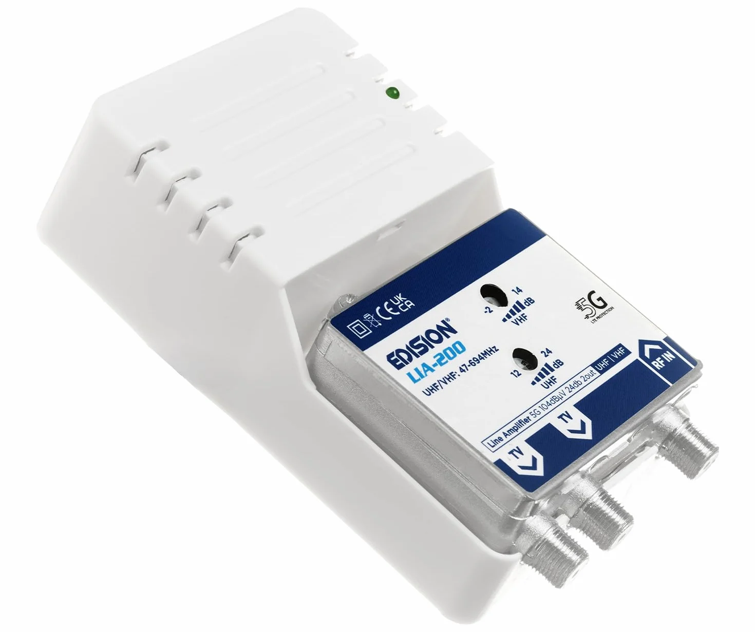 EDISION LIA-200 Amplificador Interior UHF/VHF 12-24dB Ajustable 104dBmV DVB-T/T2 con Filtro 5G LTE 1 Entrada 2 Salidas