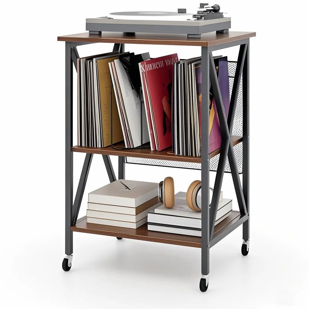 GIANTEX Soporte para Tocadiscos con Estación de Carga, 52 x 45 x 75 cm, Mesa Auxiliar con Espacio para Almacenar Discos de Vinilo, con 4 Ruedas, Estantería de Discos para Salón, Dormitorio (Marrón)