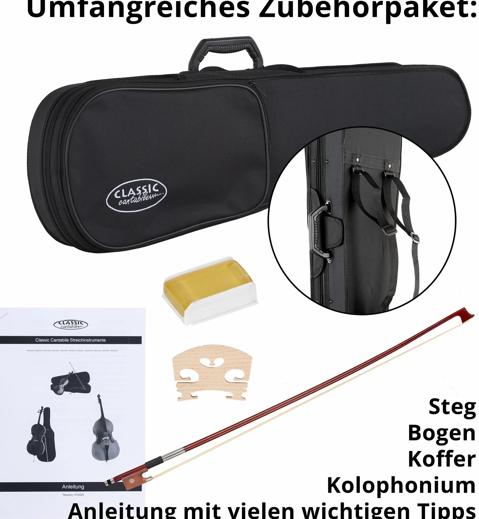 Set de Violín Classic Cantabile Student 1/2 (Instrumento para principiantes/estudiantes, violín, fondo y aros de arce, tapa maciza de abeto, puente de arce, incluye estuche, arco y colofonia)