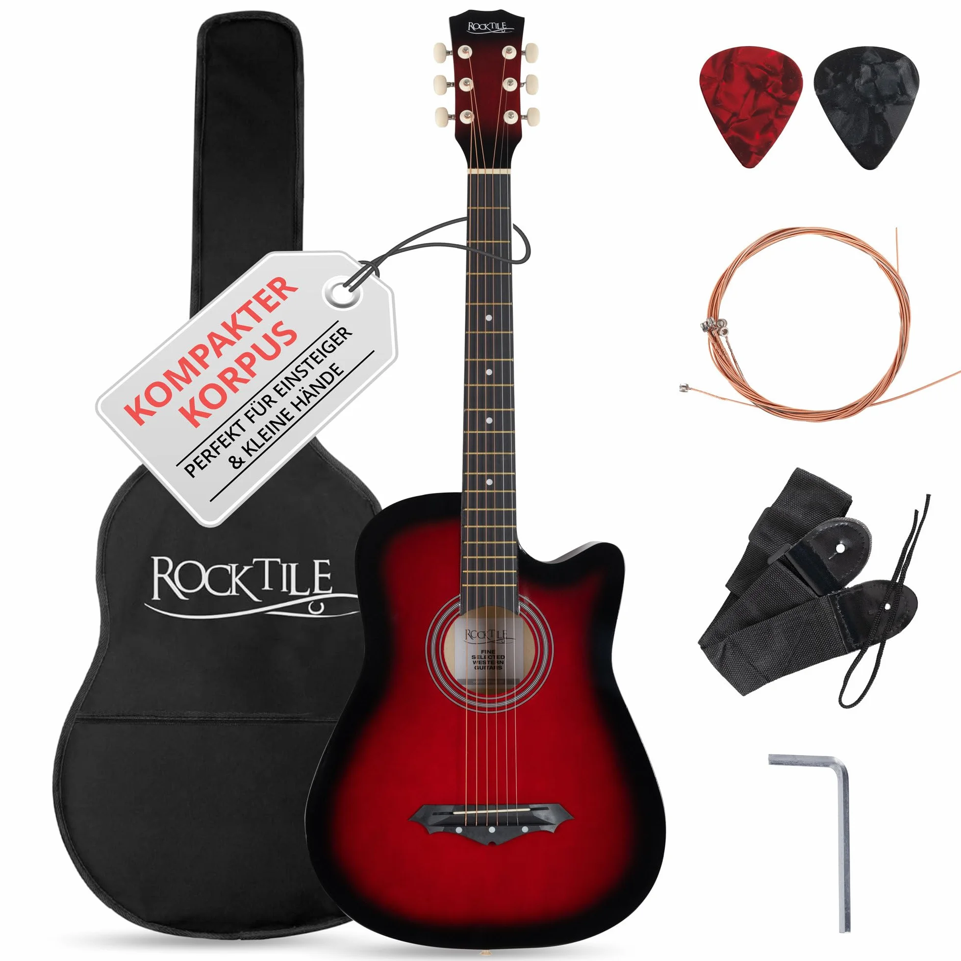 Rocktile WSD-5C-RDB Slim Line Set de Guitarras Western - Guitarra Acústica Dreadnought - Cuerpo de Tilo - Mástil: Catalpa - Set incluye funda, cuerdas de repuesto, correa y púas - Redburst