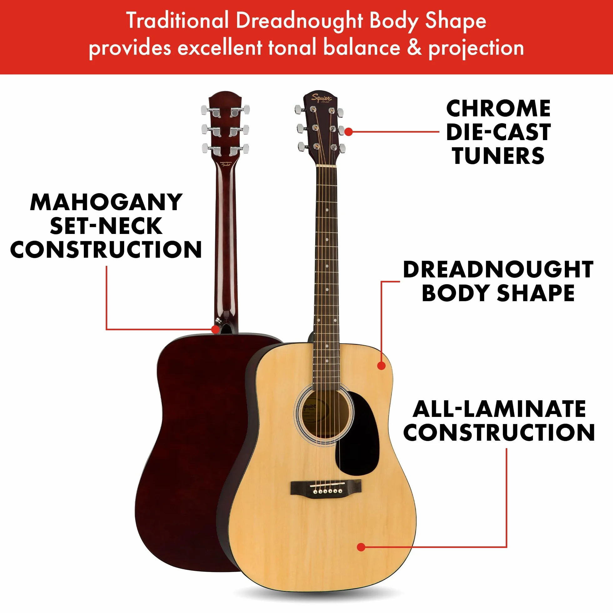 Squier by Fender SA-150 Dreadnought, Guitarra Acústica, Guitarra Ideal para Principiantes, Natural, Incluye cursos virtuales gratuitos en Fender Play