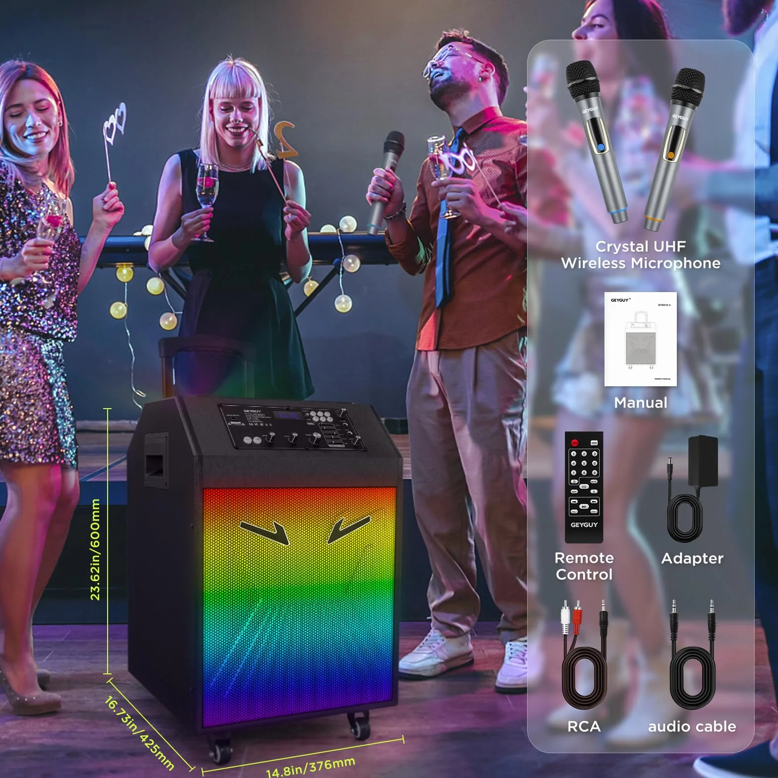 Máquina de Karaoke Portátil, Altavoz Karaoke con 2 Micrófonos, Altavoz Bluetooth, Soporte para Tableta, Luces de Discoteca, Control Remoto, diseño Exclusivo, Ruedas GTSK10-4