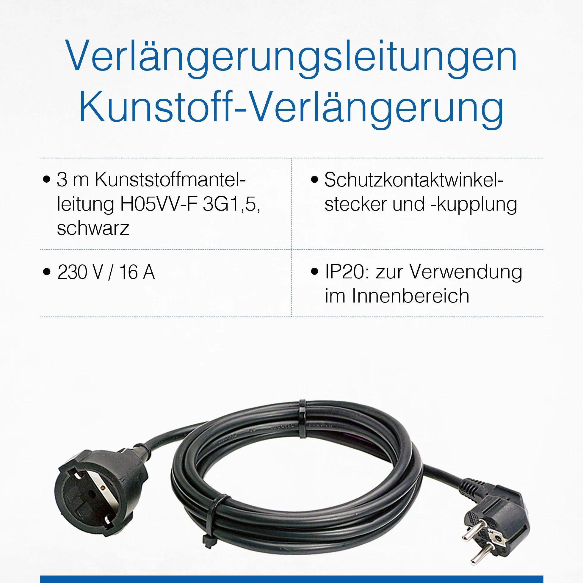 Schwabe alargador de cables 3 m H05VV-F 3G1,5 230V 16A 3500W IP20 Negro