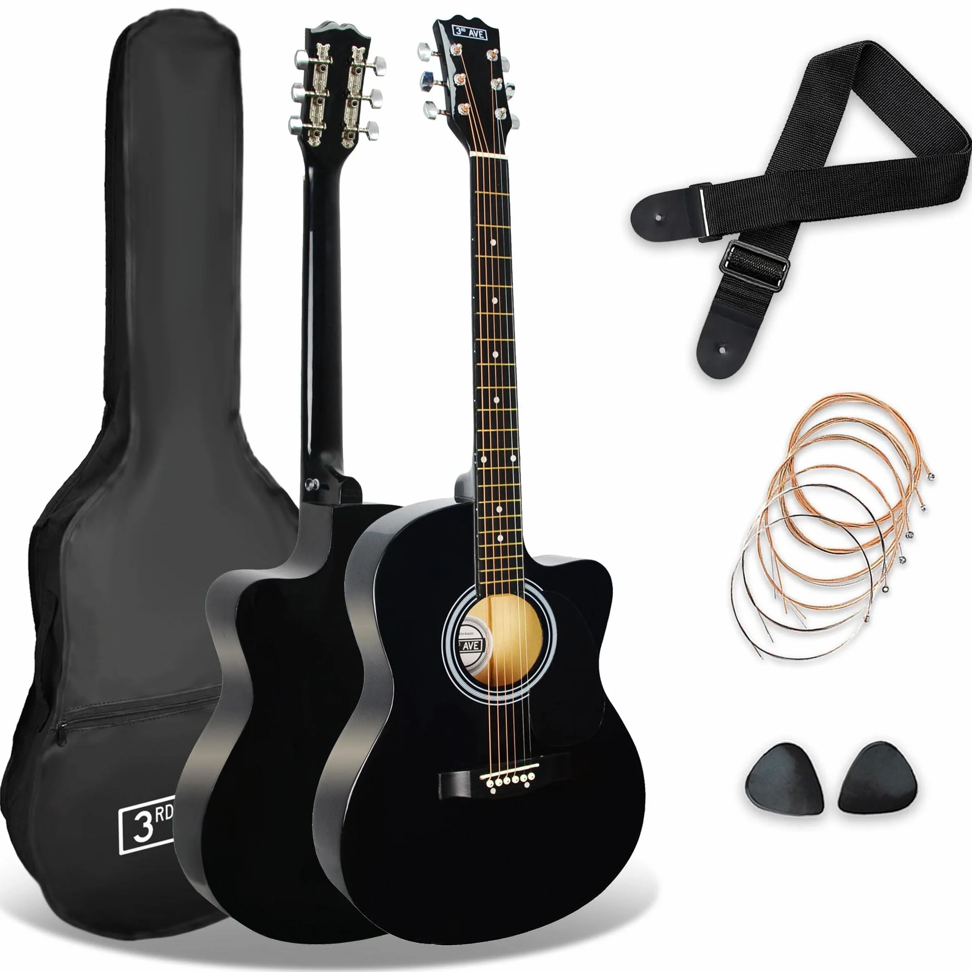 3rd Avenue Pack de guitarra acústica con cortadura de tamaño estándar 4/4 para principiantes de 3rd Avenue, funda de transporte, púas y cuerdas de repuesto, Negro
