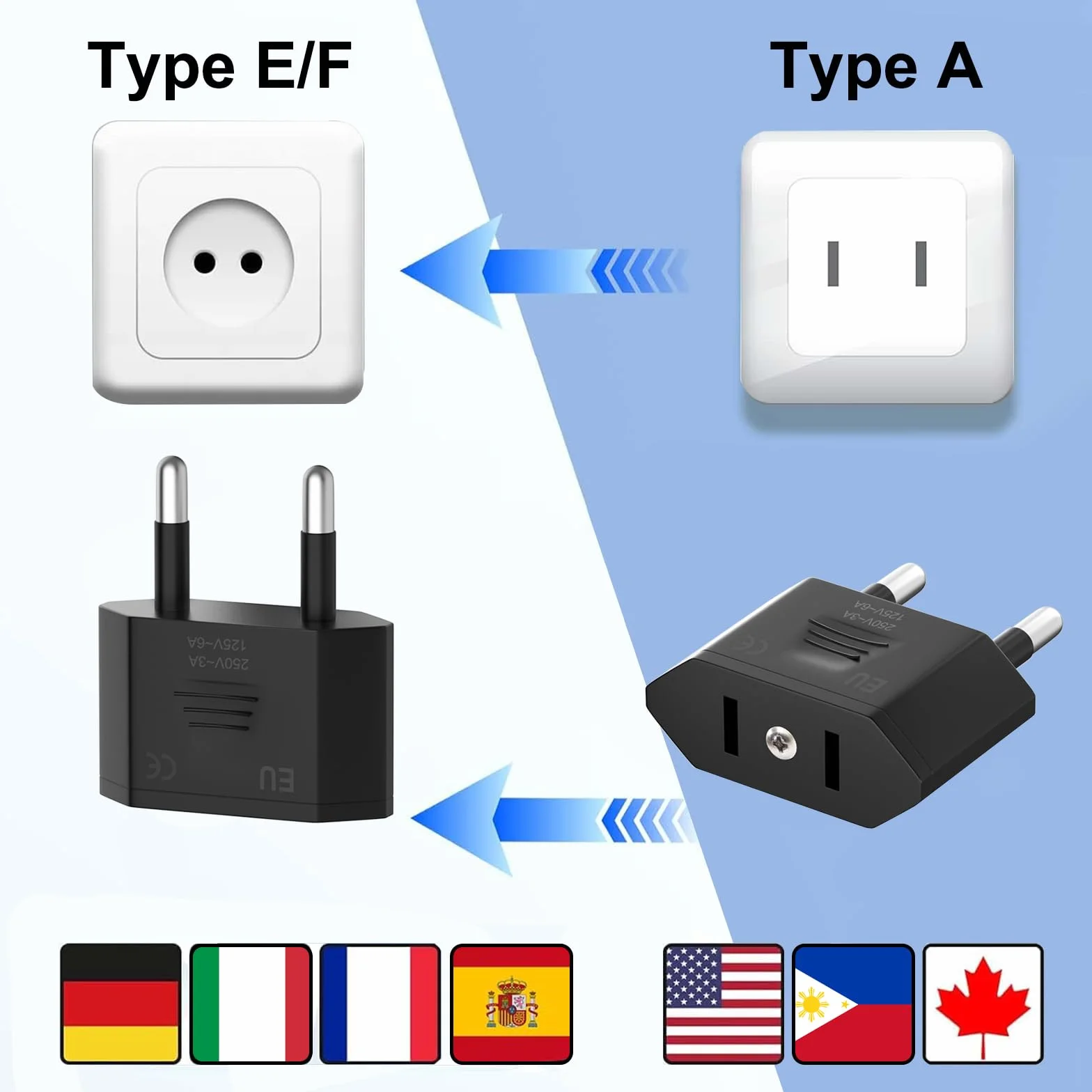 Adaptador Enchufe Americano a Europeo 4 Piezas, USA a España, Negro Compacto Viaje