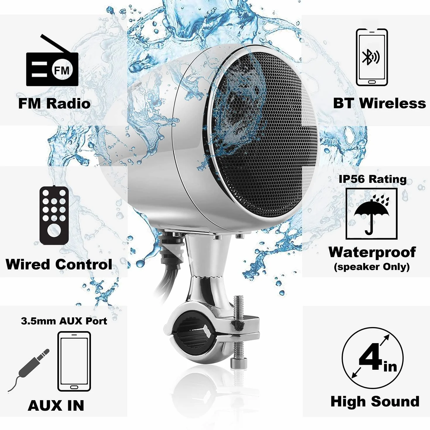 iMESTOU Amplificador de Motocicleta Sistema de Audio con AUX, MP3, Radio FM, 4 Pulgadas Rango Completo Impermeable Bluetooth Altavoces estéreo, Apto para Manillar de 1 a 1.5 Pulgadas, Motocicletas