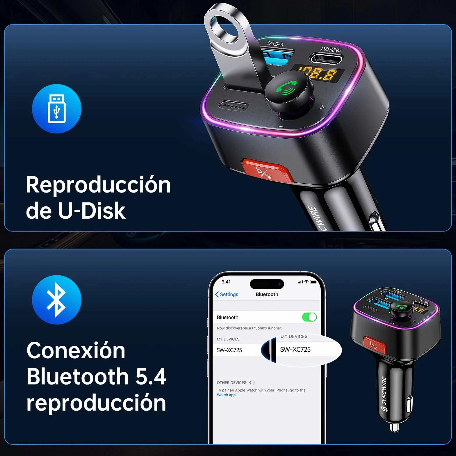 SYNCWIRE Transmisor FM Bluetooth 5.4 para Coche,48W(PD 36W & 12W) Doble USB Cargador Adaptador Receptor de Radio Inalámbrico,Pantalla LED,Llamadas Manos Libres,Soporte Unidad USB de 64GB,Negro