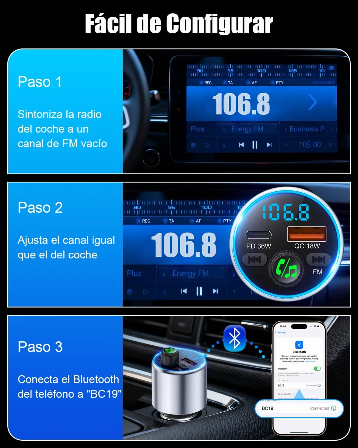 Transmisor FM Bluetooth Coche 5.3 Cargador Mechero Coche PD36W QC3.0 Adaptador Bluetooth Vehículos