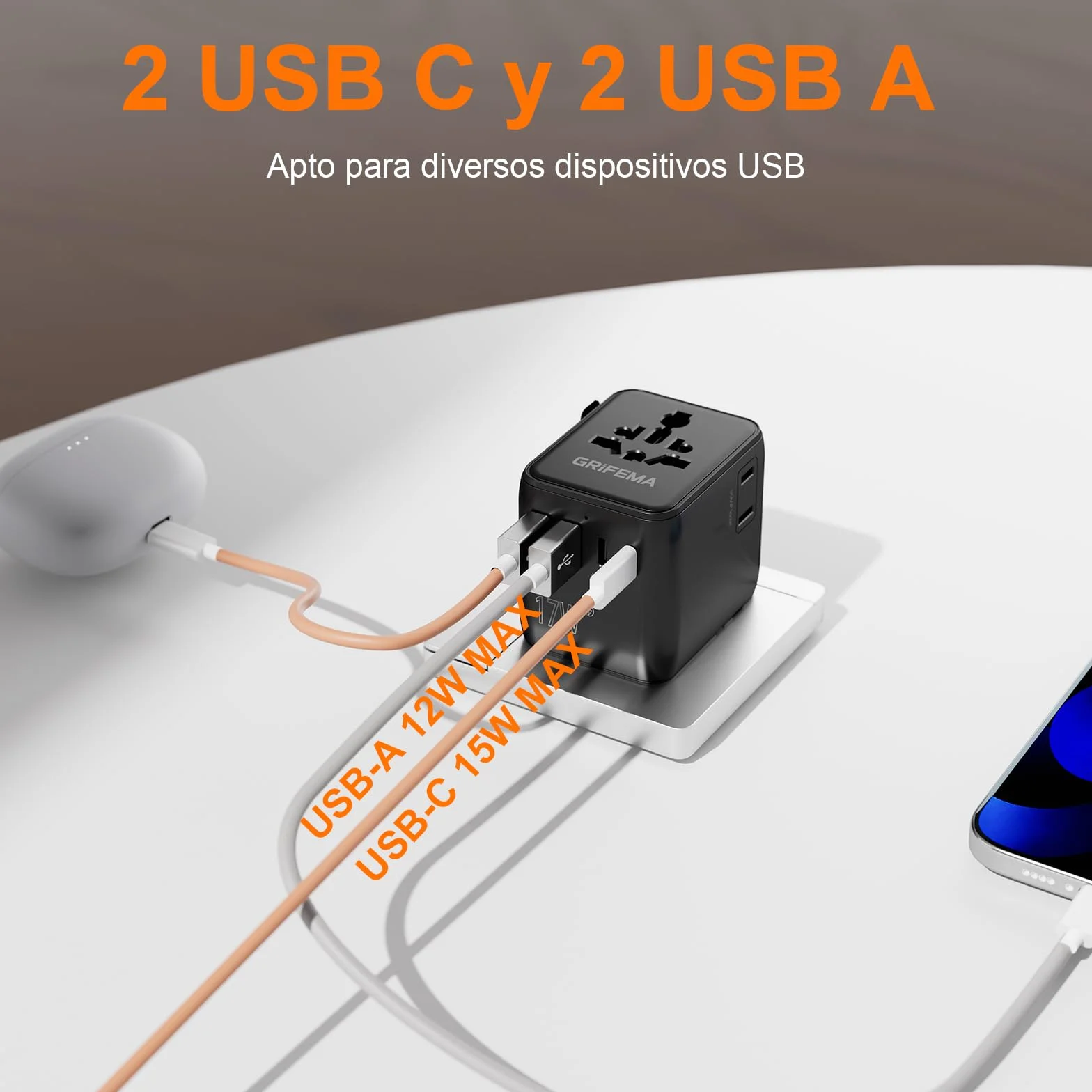 GRIFEMA Adaptador Enchufe Universal de Viaje, Cargador Internacional 6 en 1 con 2 USB-C, 2 USB-A y 2 Tomas AC, Adaptador Corriente para Reino Unido, USA, Europa, Australia, Italia, Japón