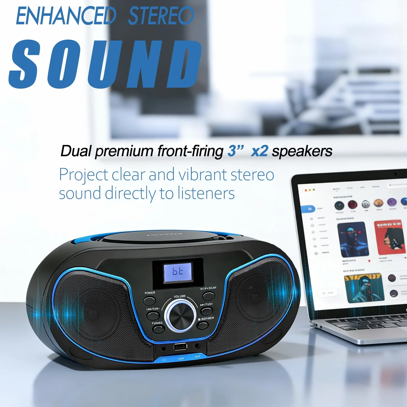LONPOO Reproductor de CD portátil Boombox estéreo con Radio FM Bluetooth USB AUX Compacto CA o batería