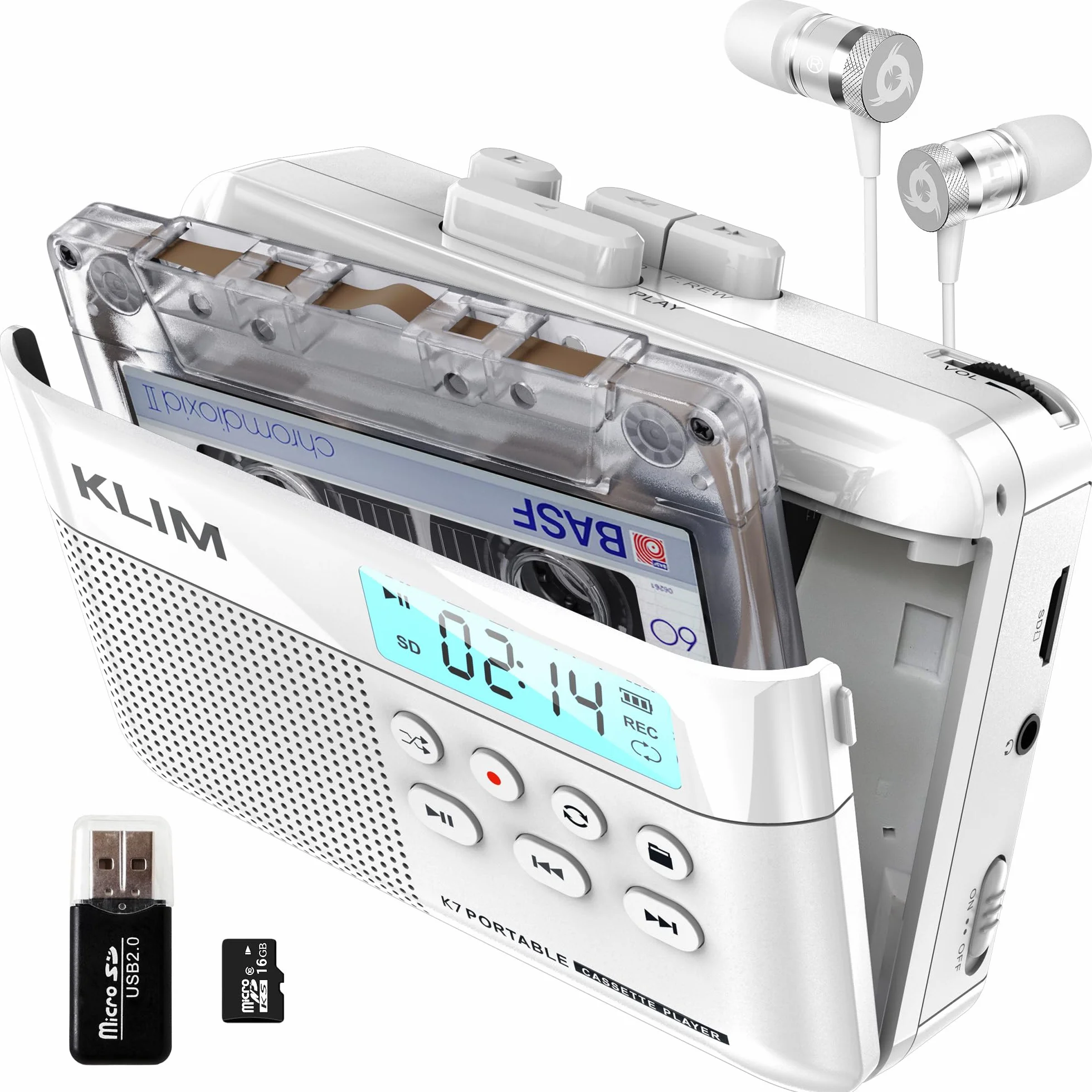 KLIM K7 Reproductor Cassette a MP3 Portátil con Micrófono y Altavoz Integrados Batería Recargable Tarjeta SD 16 GB Blanco