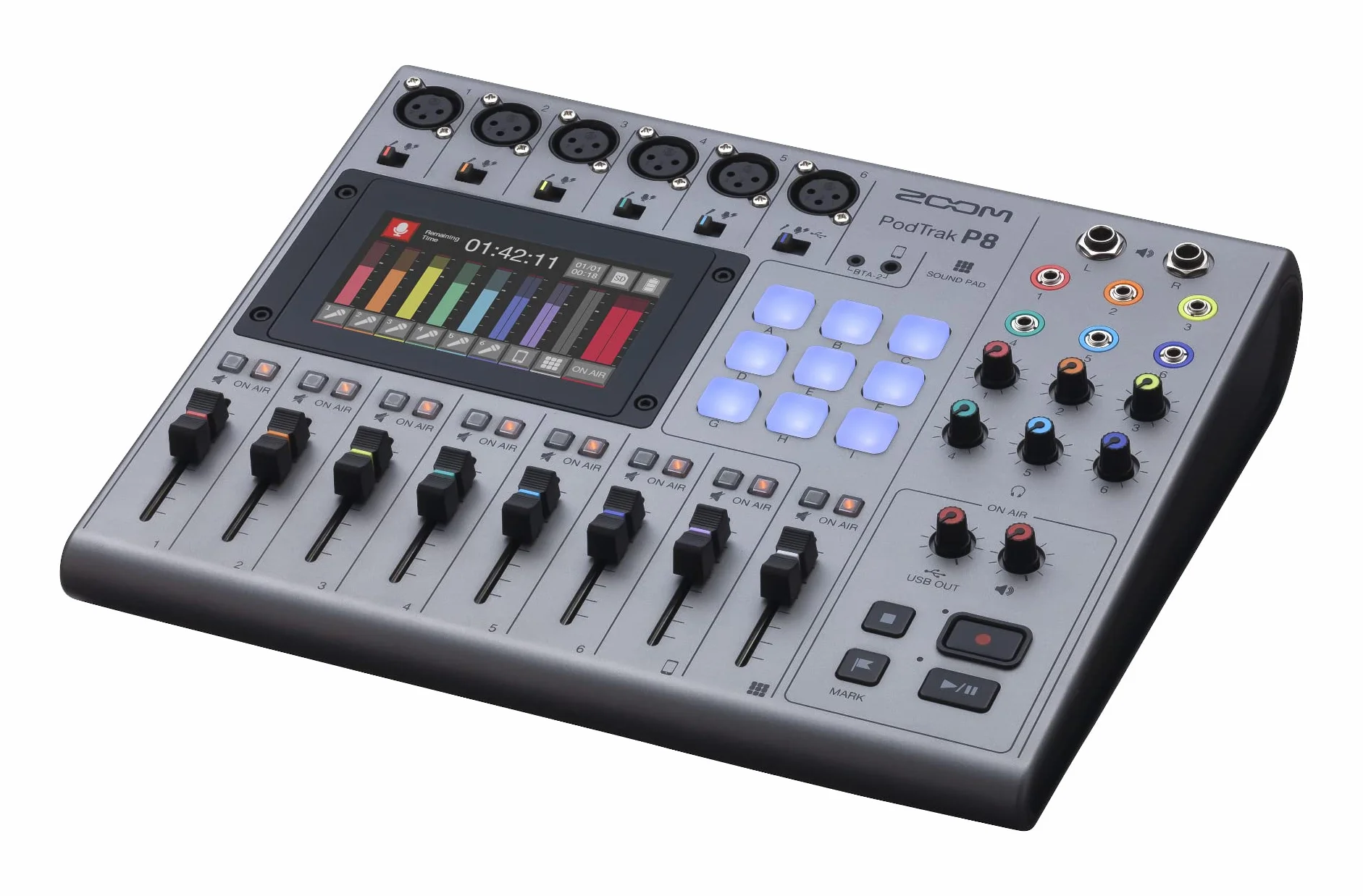 Zoom PodTrak P8 Grabador para Podcast, 6 entradas de micro, 6 salidas de auriculares, entrada Phone, Sound Pads, edición integrada, grabación en SD, interface de audio USB, alimentado por pilas