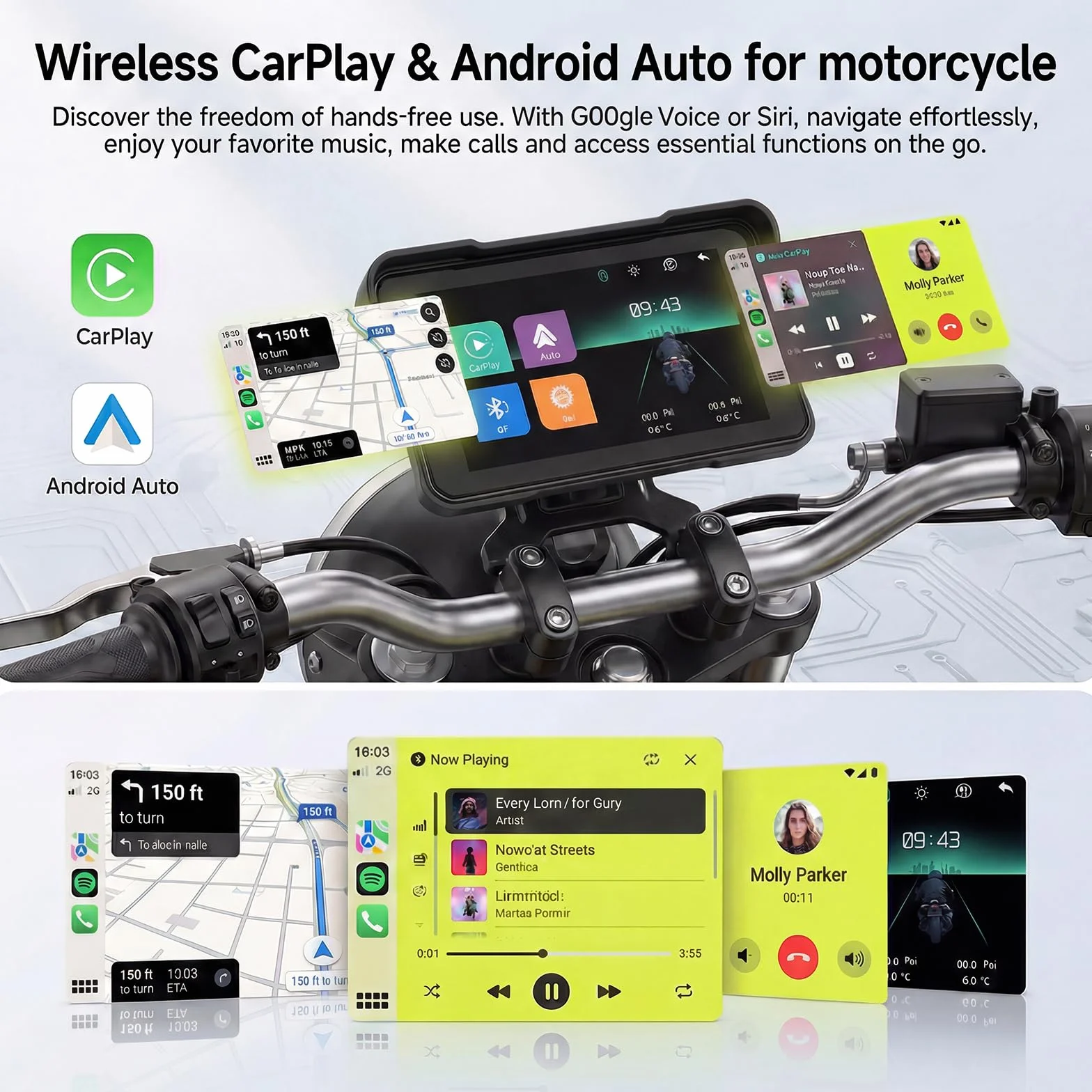 Rimoody Navegador Moto 5 Pulgadas con CarPlay y Android Auto Inalámbrico - GPS para Moto Impermeable IP68, Pantalla Táctil 5'', Montaje Universal, Detección de Presión de Neumáticos 12 V
