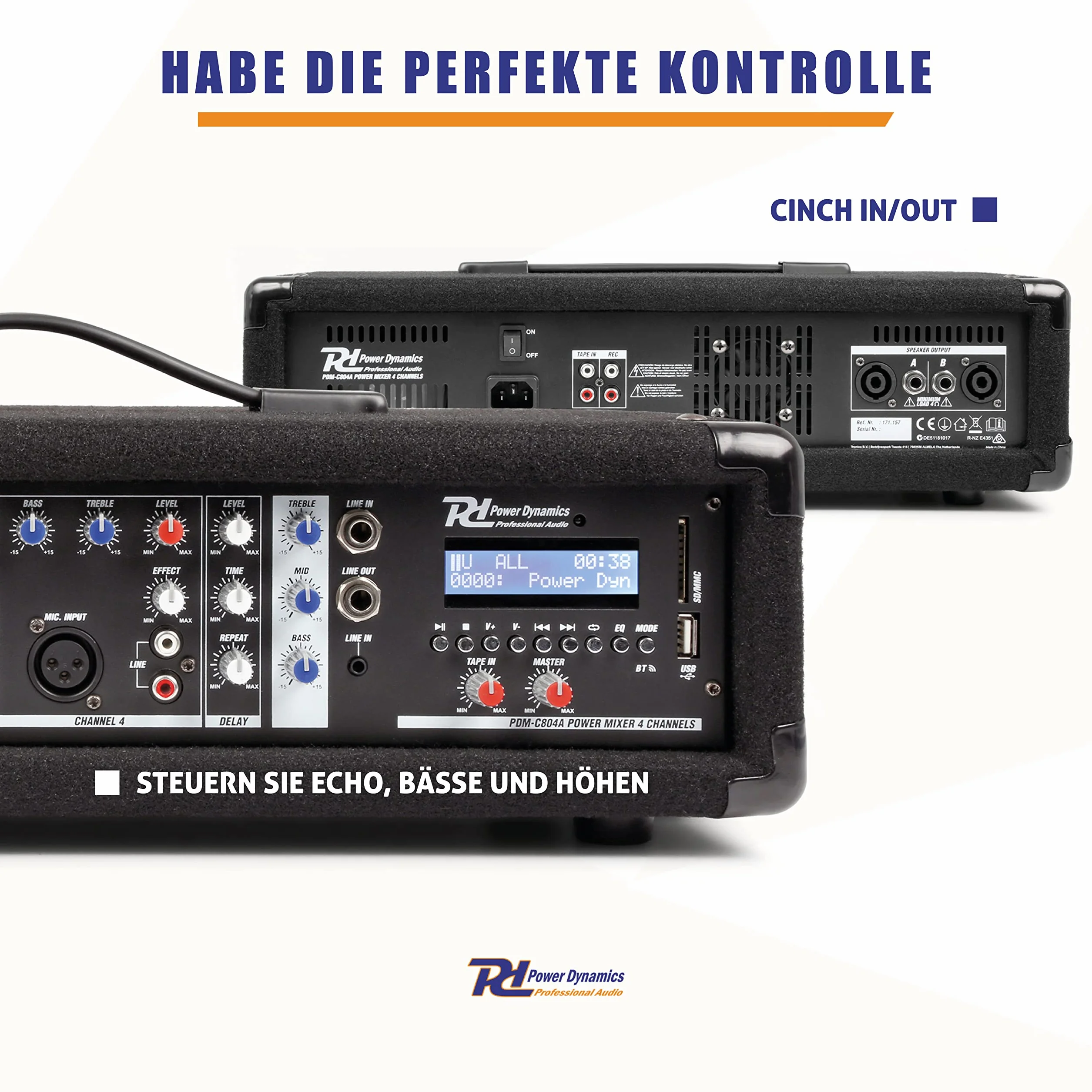 Power Dynamics PDM-C405A Mezclador DJ de 4 canales con amplificador Mezclador con Bluetooth, robusto mezclador de audio, efecto echo, reproductor MP3, mezclador para pequeños eventos en directo