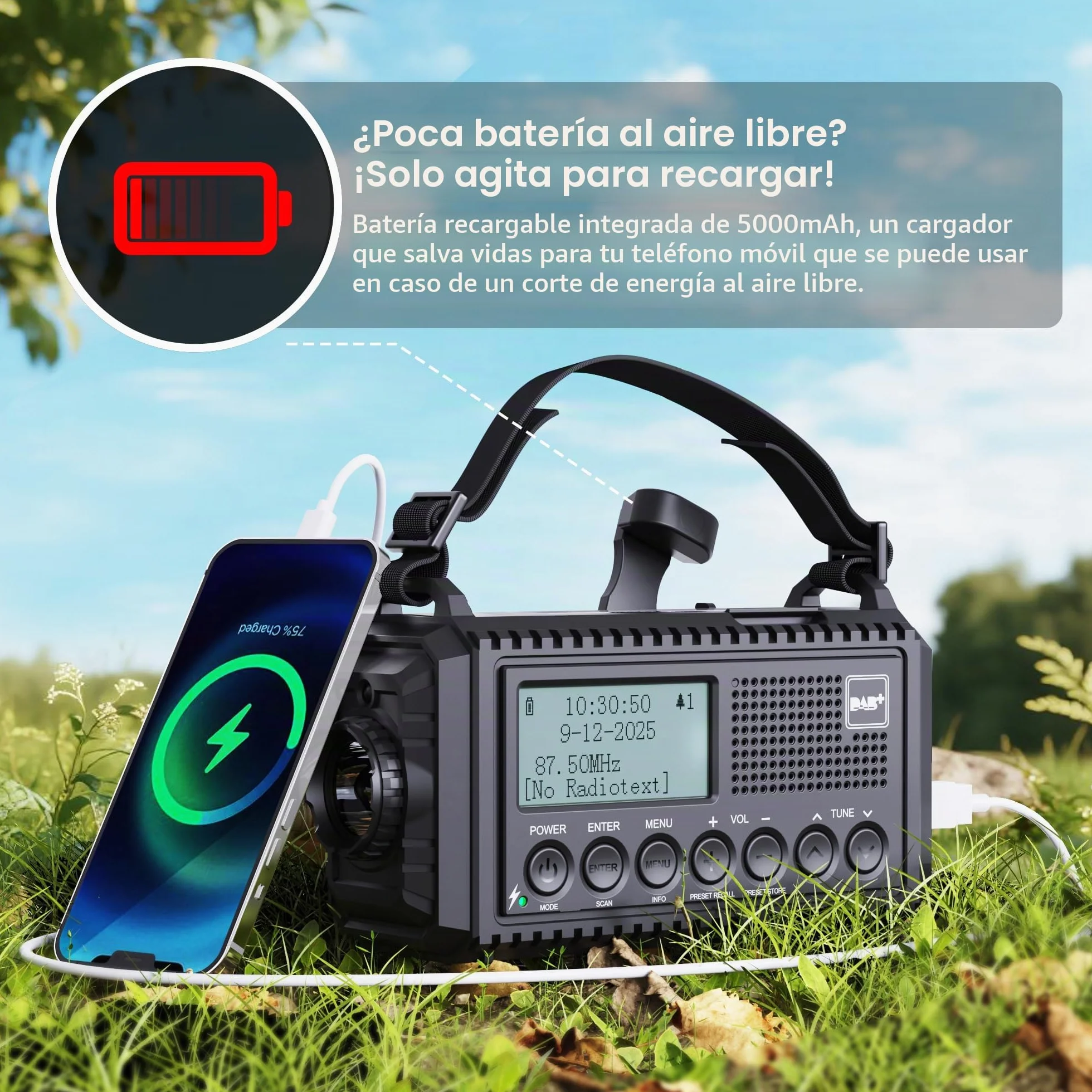 Radio Solar Portátil Dab+/Dab/FM con Manivela,Radio con Linterna LED Multifunción con Reloj Despertador Digital,Batería de 5000 mAh y Alarma SOS,Camping,Senderismo,Exterior