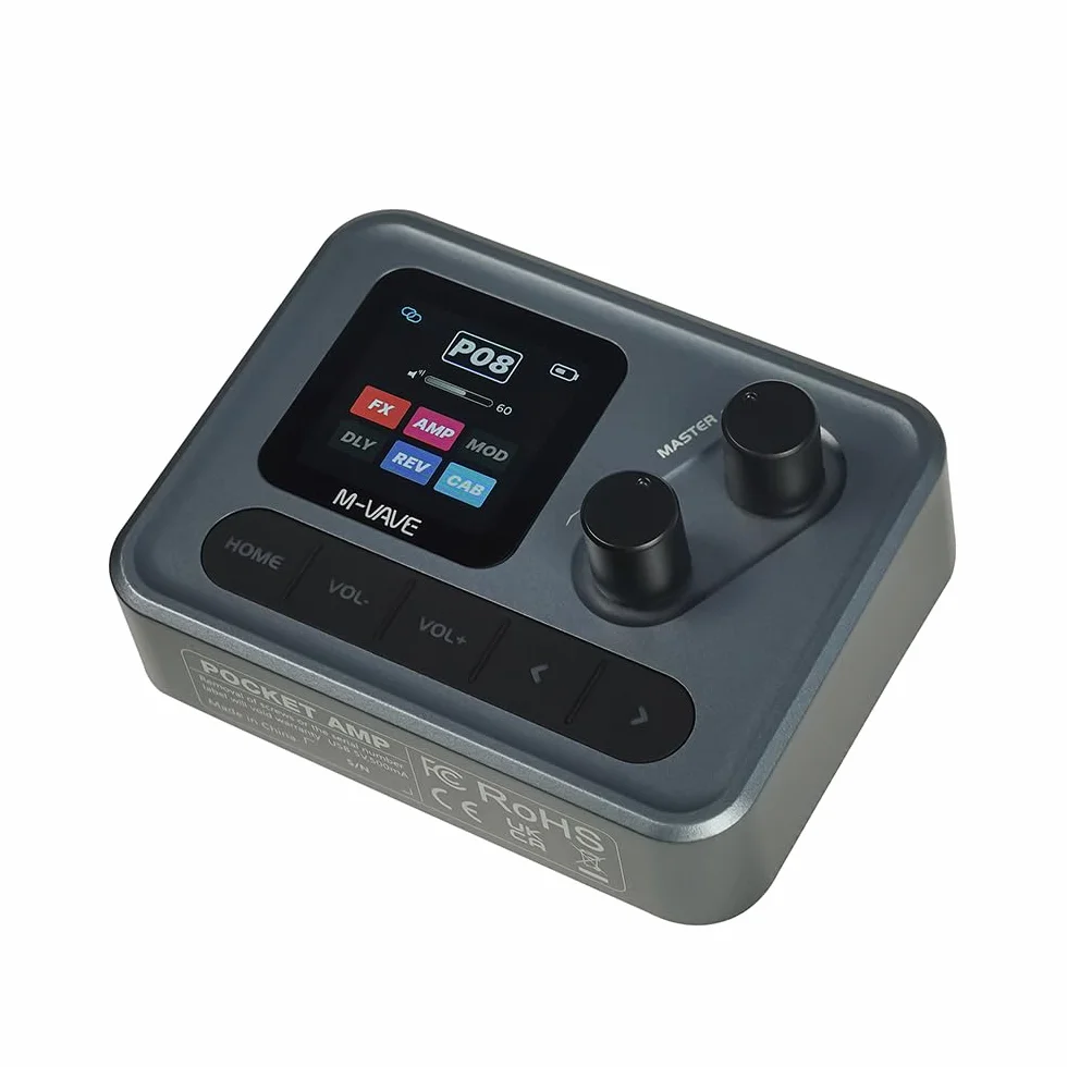 M-VAVE POCKETAMP – Simulador de amplificador multiefectos compacto para guitarra y bajo con pantalla LCD, audio USB, Bluetooth y batería recargable