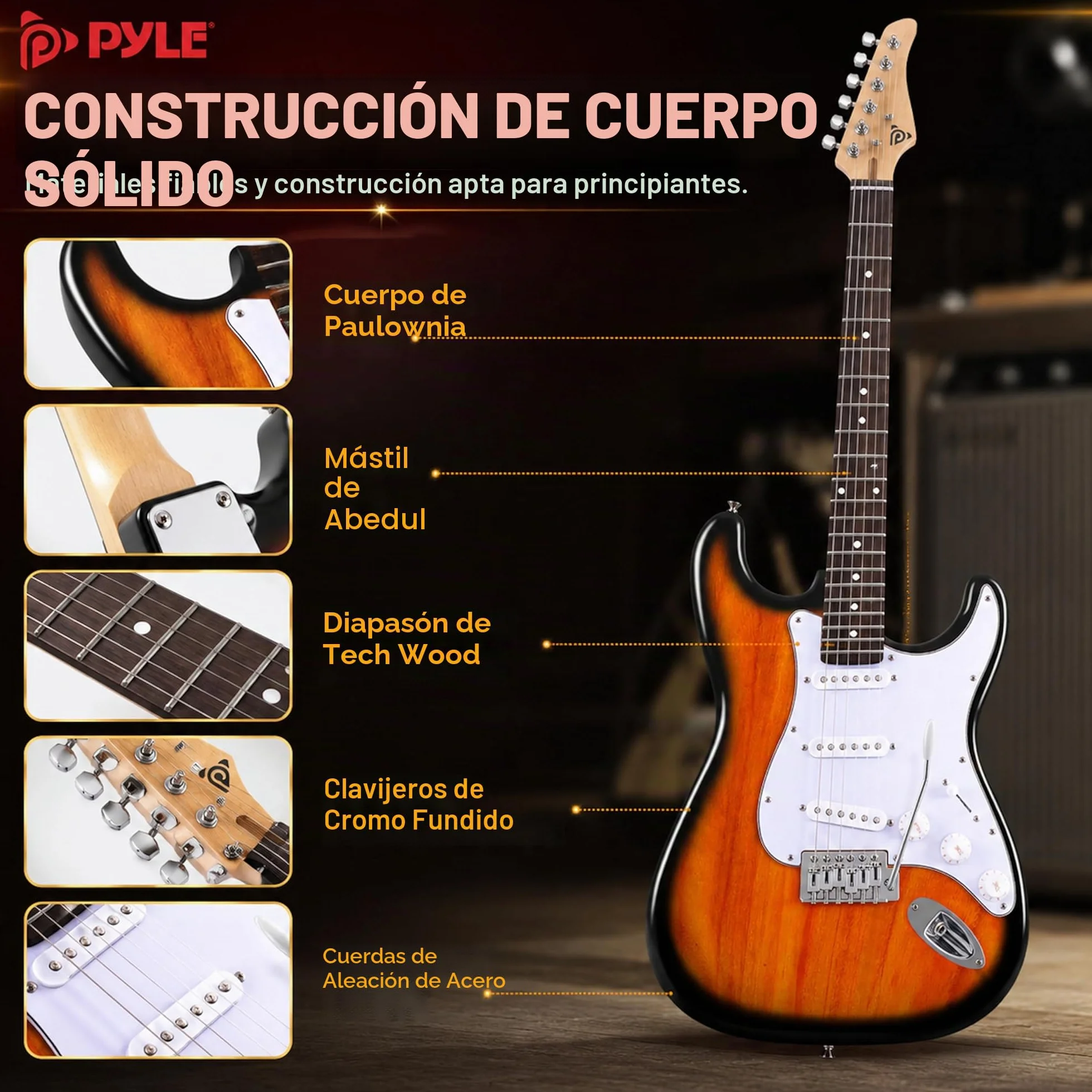 Pyle kit guitarra electrica con amplificador bluetooth portatil, Tamaño completo, Pastillas Humbucker estilo ST, Accesorios incluidos: esctuche, Correa, Cuerdas, Puas, Paño de Limpieza