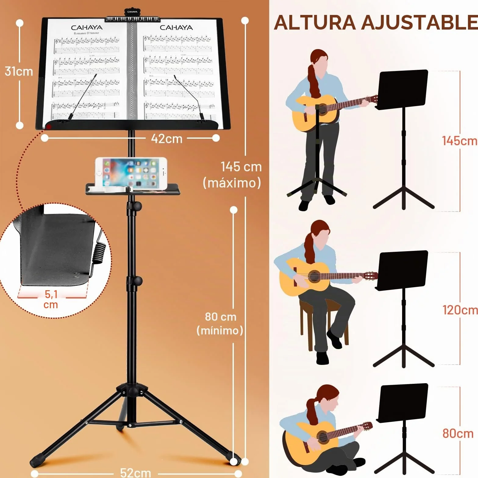 CAHAYA Atril Musica Extensible con Bolsa de Transporte Soporte para Partituras Plegable con Altura y Pestañas de Sujeción Ajustables Incluye Coleccionista de Musica