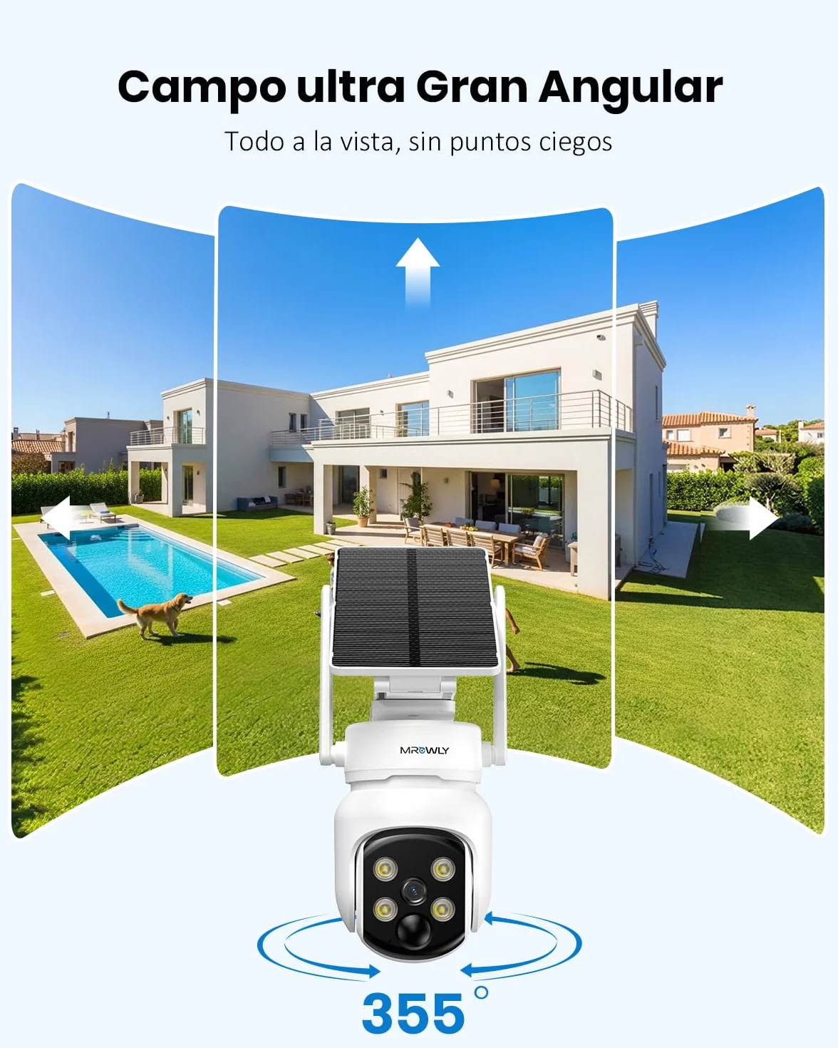 Camara Vigilancia WiFi Exterior Solar 2 en 1, 4MP/2.5K Camara sin Cables, 360° Cobertura, Fácil Instalación, 2.4/5 GHz WiFi, Visión Nocturna en Color, PIR, SD/Nube