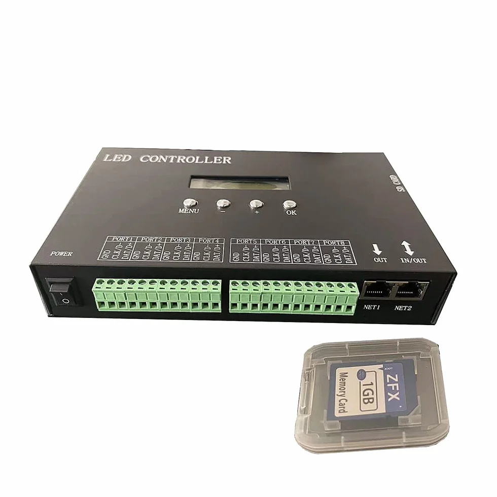 Controlador LED H807SA compatible con Art-Net, soporta un máximo de 8192 píxeles, 8 salidas, con consola DMX o dirección establecida para chips DMX