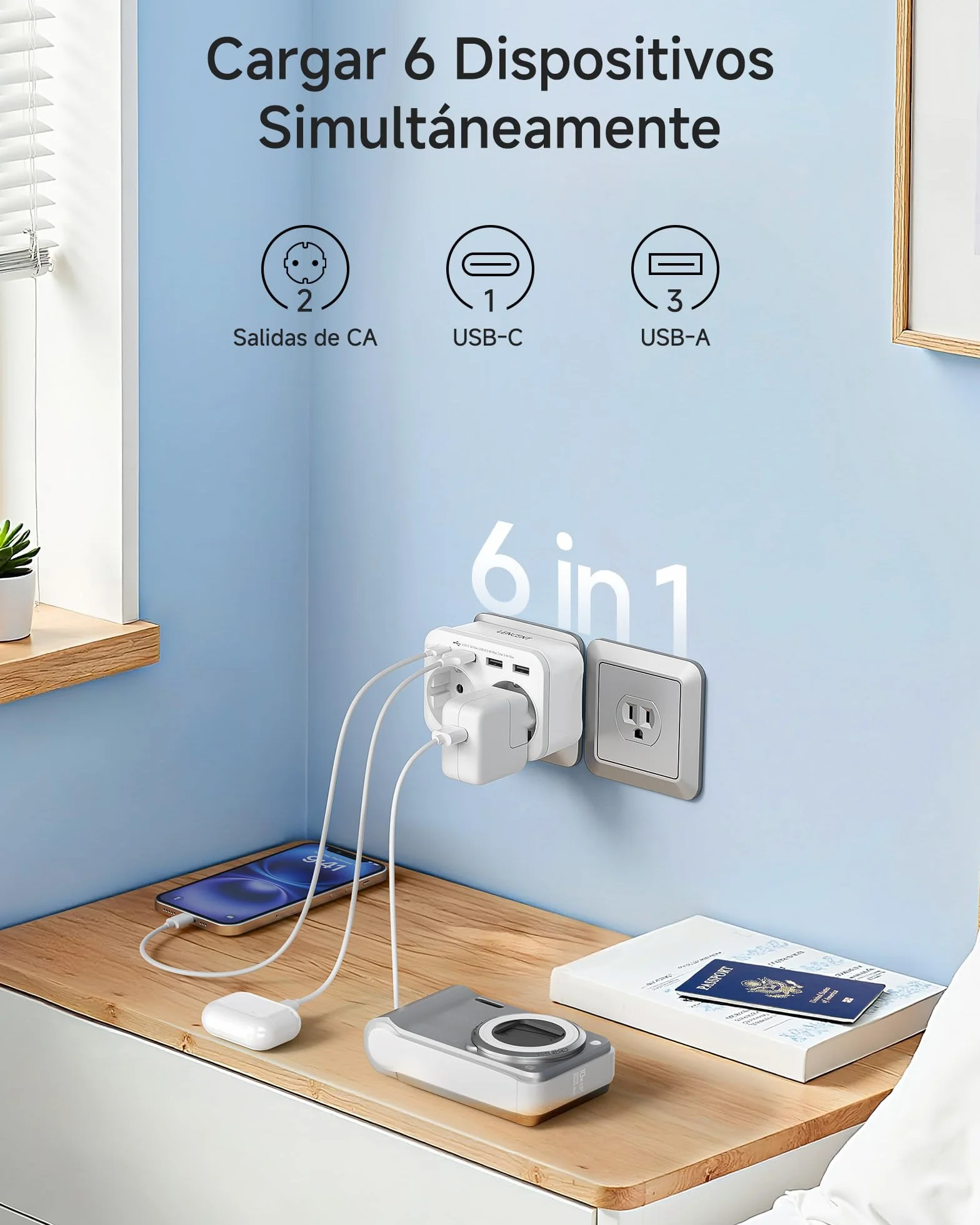 LENCENT Adaptador Enchufe USA/EE.UU, Adaptador Americano de Viaje con 3 Puertos USB y 1 Puerto USB-C, Europa Español 2-Pin a 3-Pin EEUU para México, Canada, Tailandia, Perú, Colombia, Tipo B Blanco