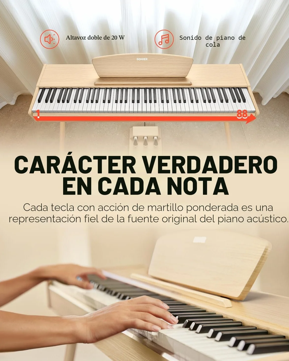 Donner DDP-80 Piano Digital de 88 Teclas Contrapesadas, Piano Eléctrico de Tamaño Completo con Soporte, Pedal Triple, Conexión MIDI e Interfaz para Auriculares, Color Madera Clara