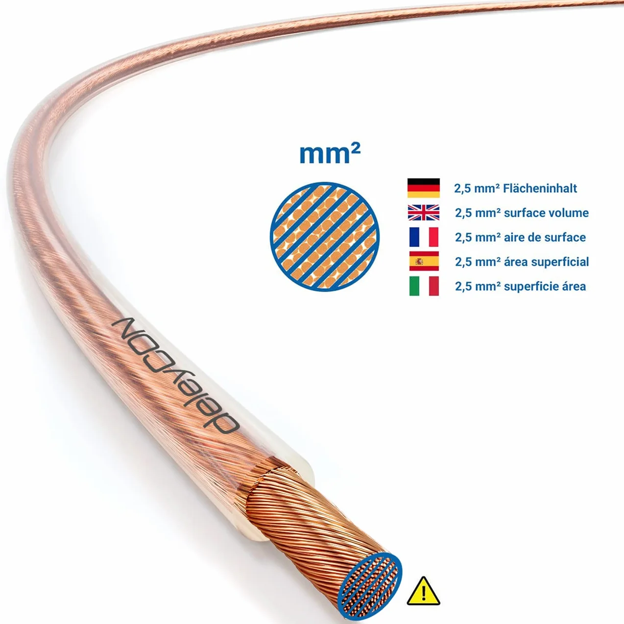 deleyCON 10m Cable para Altavoz 2x 2,5 mm² - Cobre Puro - Cable de Altavoz OFC - Cable de Audio para Altavoces HiFi y Surround - Marcado de polaridad - Transparente