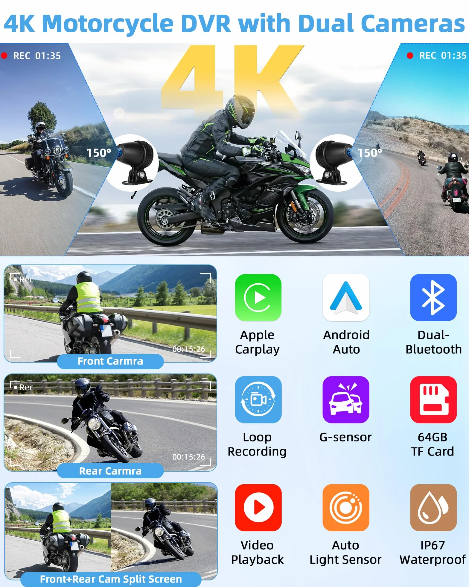 4K Carplay Android Auto 6.25 Pulgadas Pantalla Táctil Dashcam Delantera Trasera GPS IP67 Impermeable Doble Bluetooth Siri Google Assistant