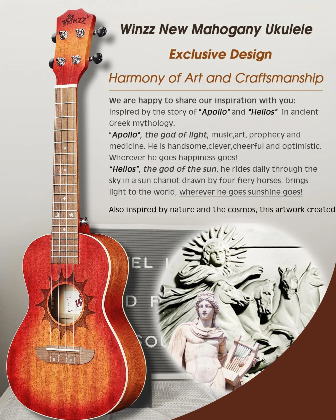 Winzz Ukulele Concierto Adulto 23 Pulgadas Principiante Set Madera De Caoba, Niños Principiantes, Ukelele Único Comprar Regalos (Cuerdas de Carbono, Mate Sunburst)