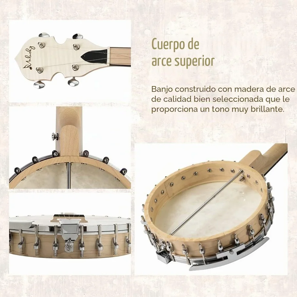 Banjo de 5 cuerdas, tamaño completo Mulucky con 24 soportes, parte posterior abierta, banjos de arce con kit para principiantes - MB1101