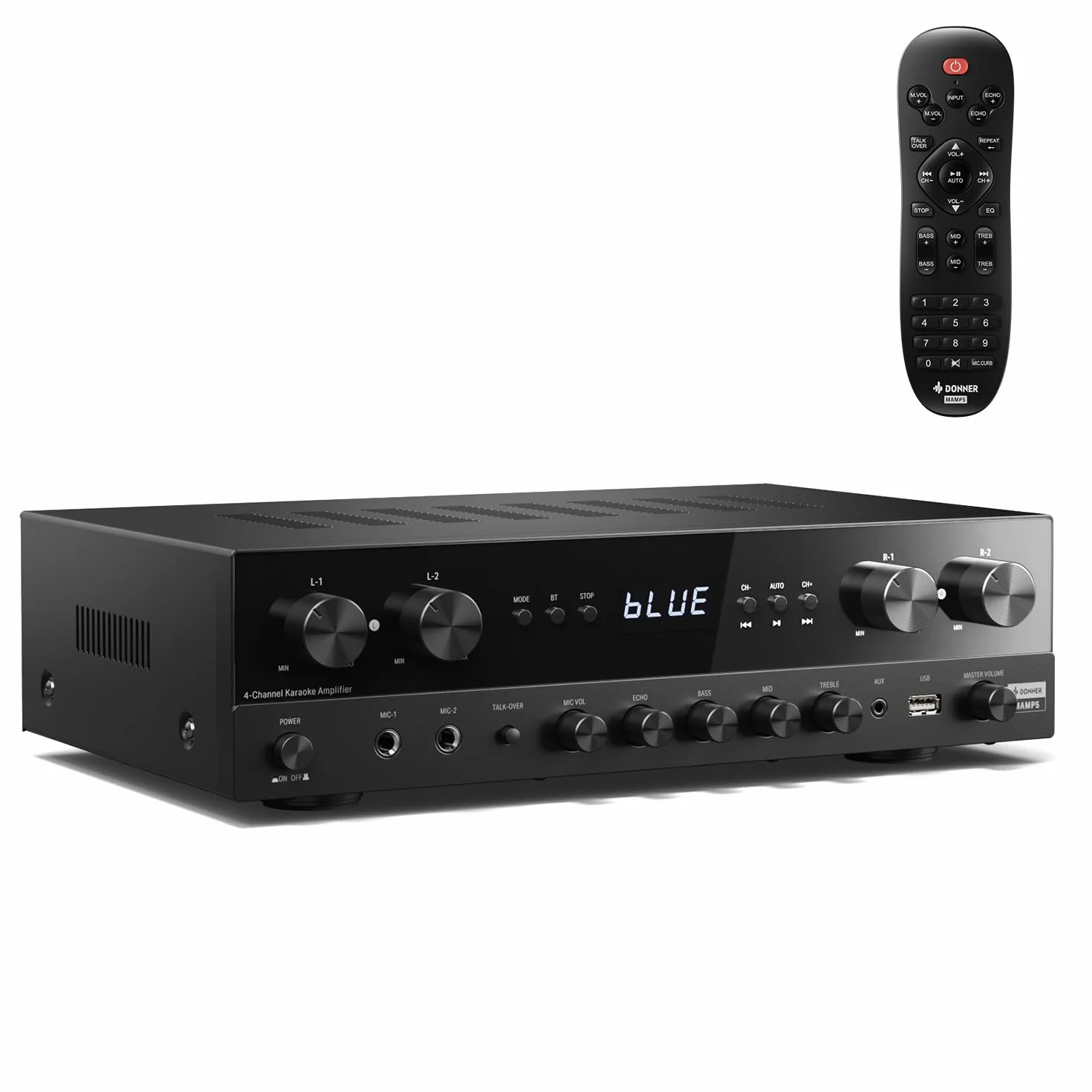 Donner Amplificador de Audio, Amplificador Premium de 4 Canales con Potencia Máxima de 1000 W con Bluetooth 5.0, USB, FM, 2 Entradas de Micrófono, RCA, Entrada de Fibra/Coaxial para el Hogar, Karaoke