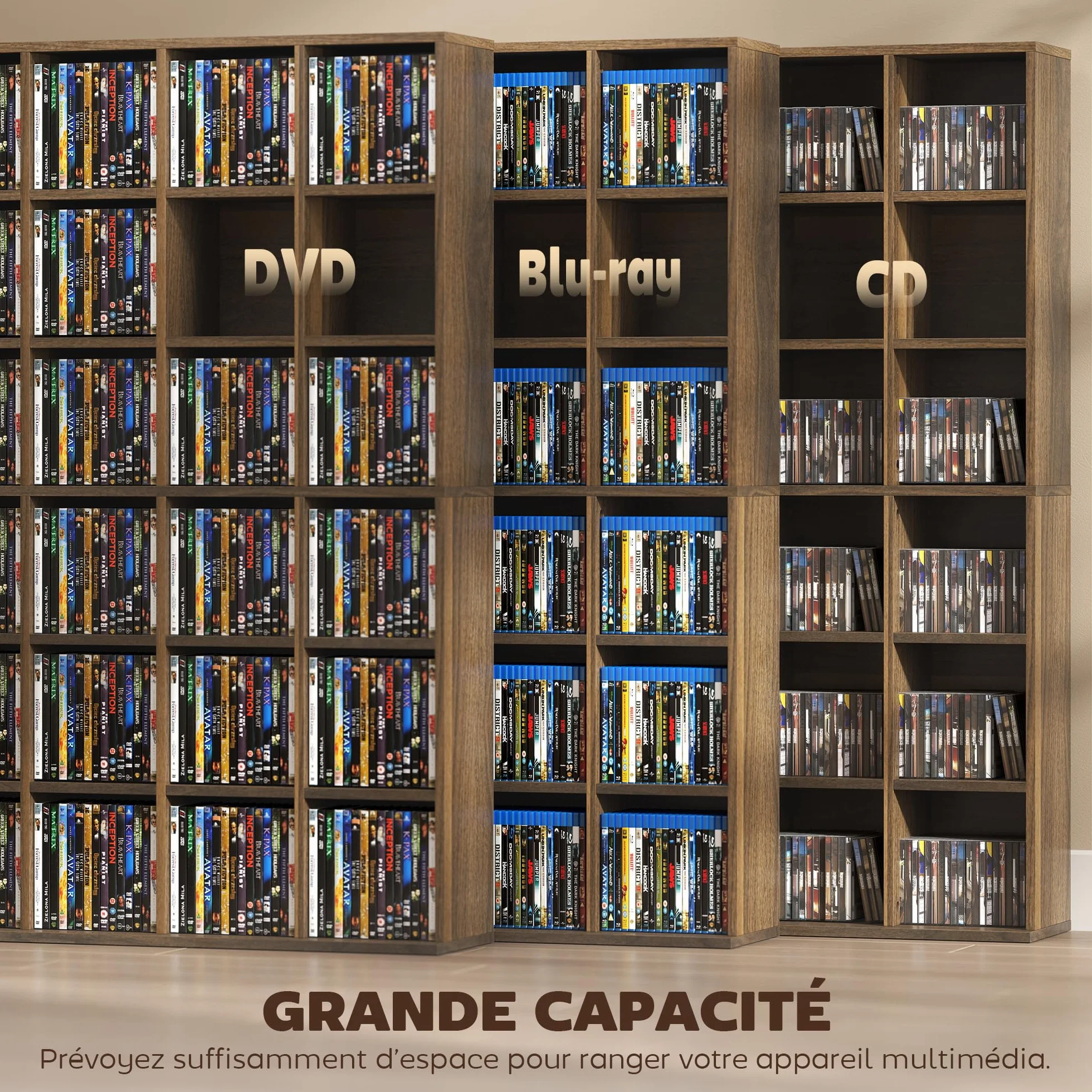 HOMCOM Almacén para CD y DVD, Estante de Almacenamiento, Capacidad máx. 456 CD/336 DVD, 24 Compartimentos y estantes Ajustables, para Oficina, salón, Dormitorio, 89 x 20 x 130,5 cm, marrón