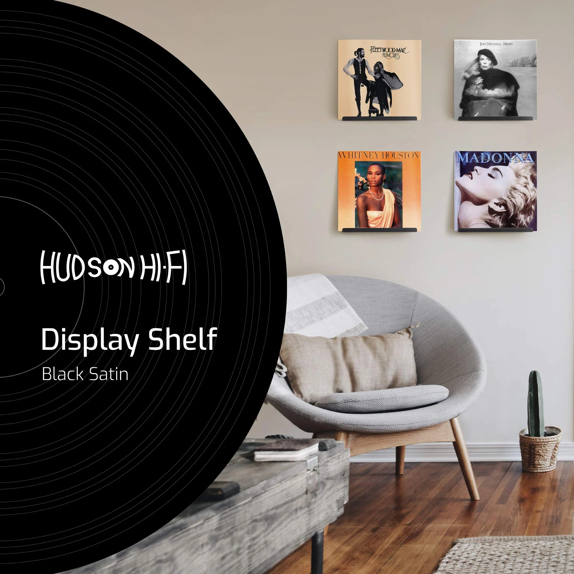 Hudson Hi-Fi Estantes de pared de vinilo LP para grabar – Muestra tu escucha diaria con estilo – negro satinado – Paquete de seis