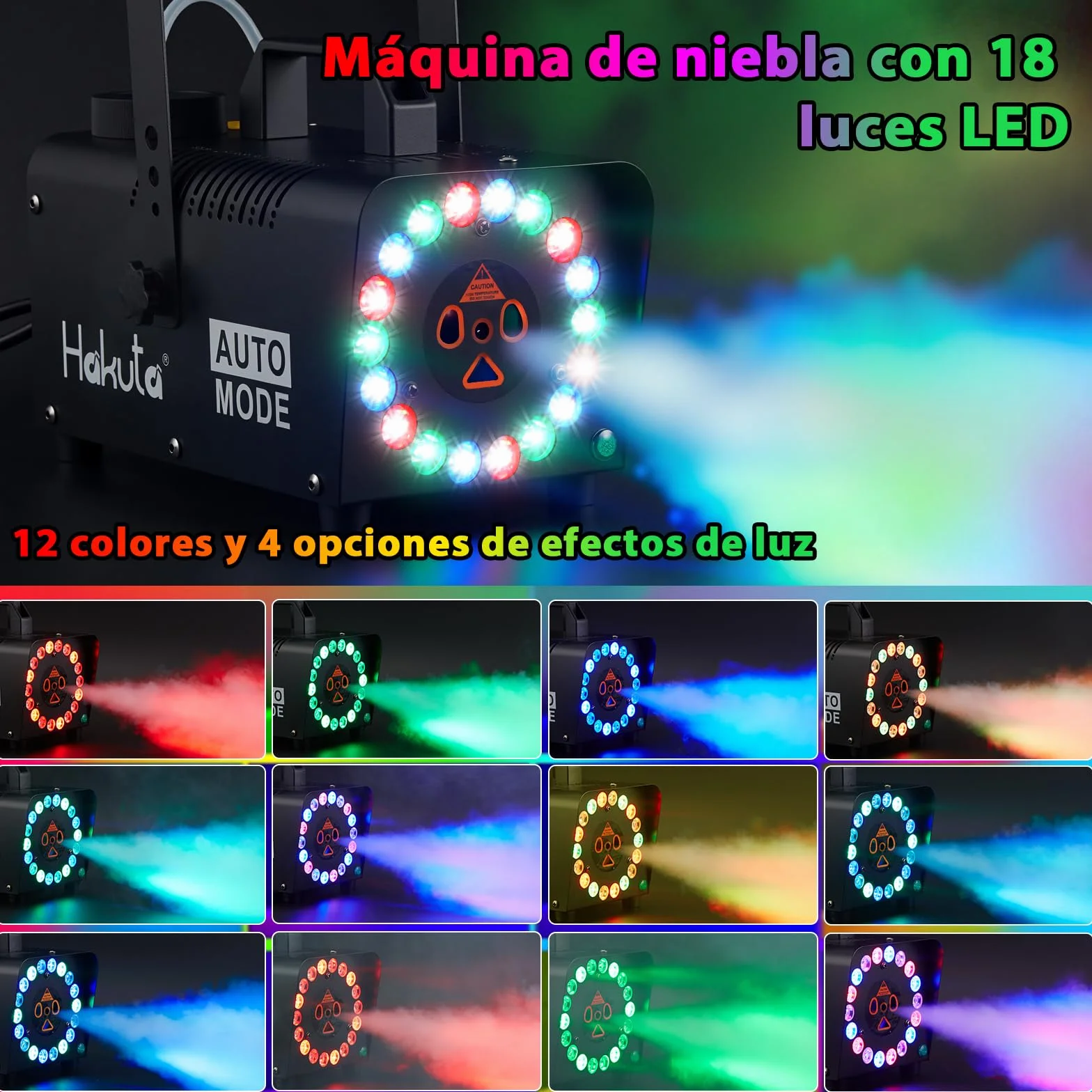 Hakuta Máquina de Niebla con 18 Luces LED, Mando a Distancia, Función Automática - Efecto Humo para Fiestas, Eventos en Interiores, Decoración Hogar (Negro)